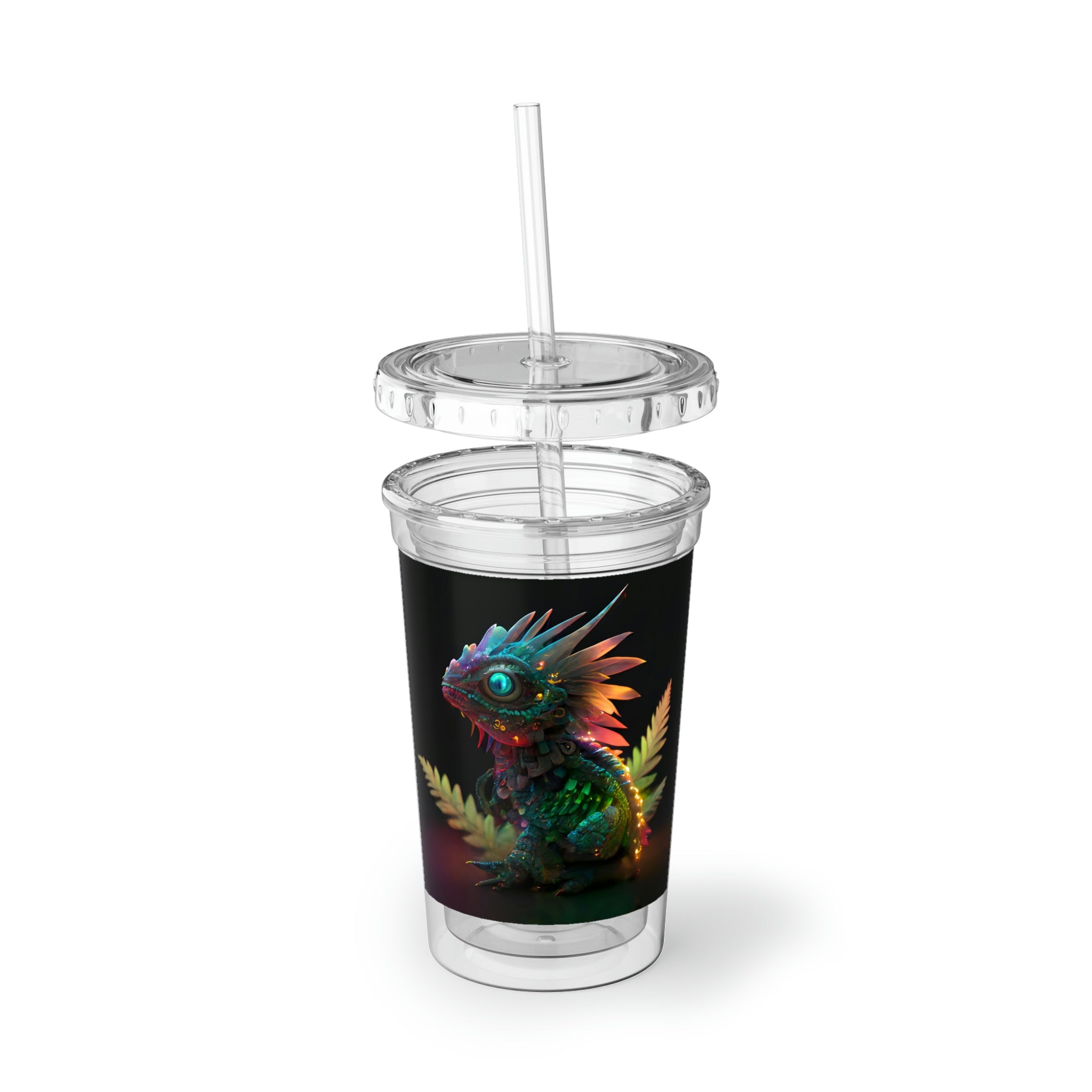 Feathered Dragon Suave Acrylic Cup with vibrant design, stainless steel body, and included plastic straw.