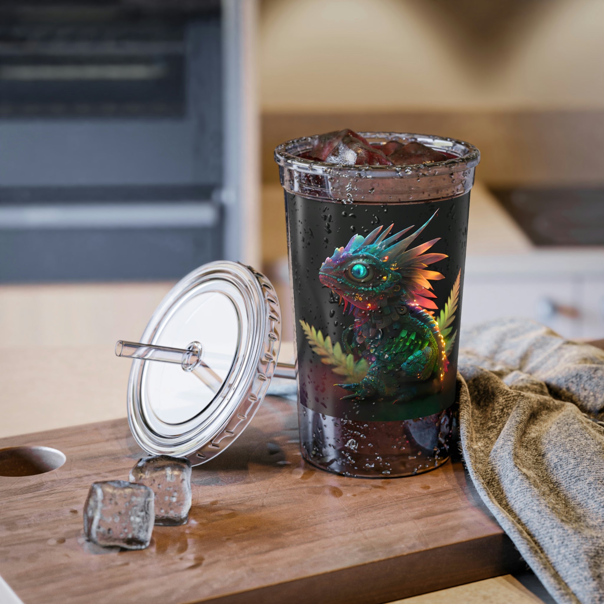 Feathered Dragon Suave Acrylic Cup with vibrant design, stainless steel body, and included plastic straw.
