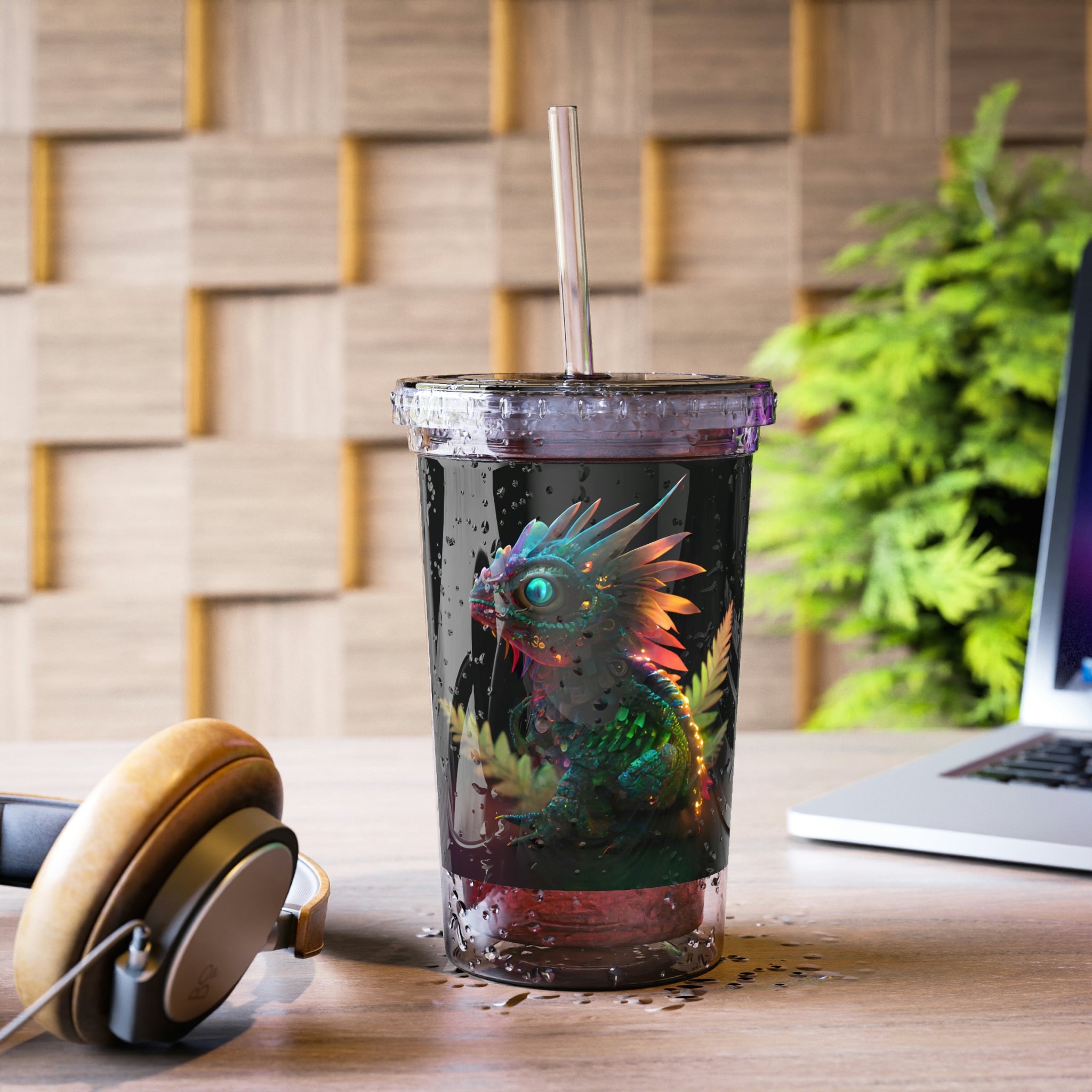 Feathered Dragon Suave Acrylic Cup with vibrant design, stainless steel body, and included plastic straw.