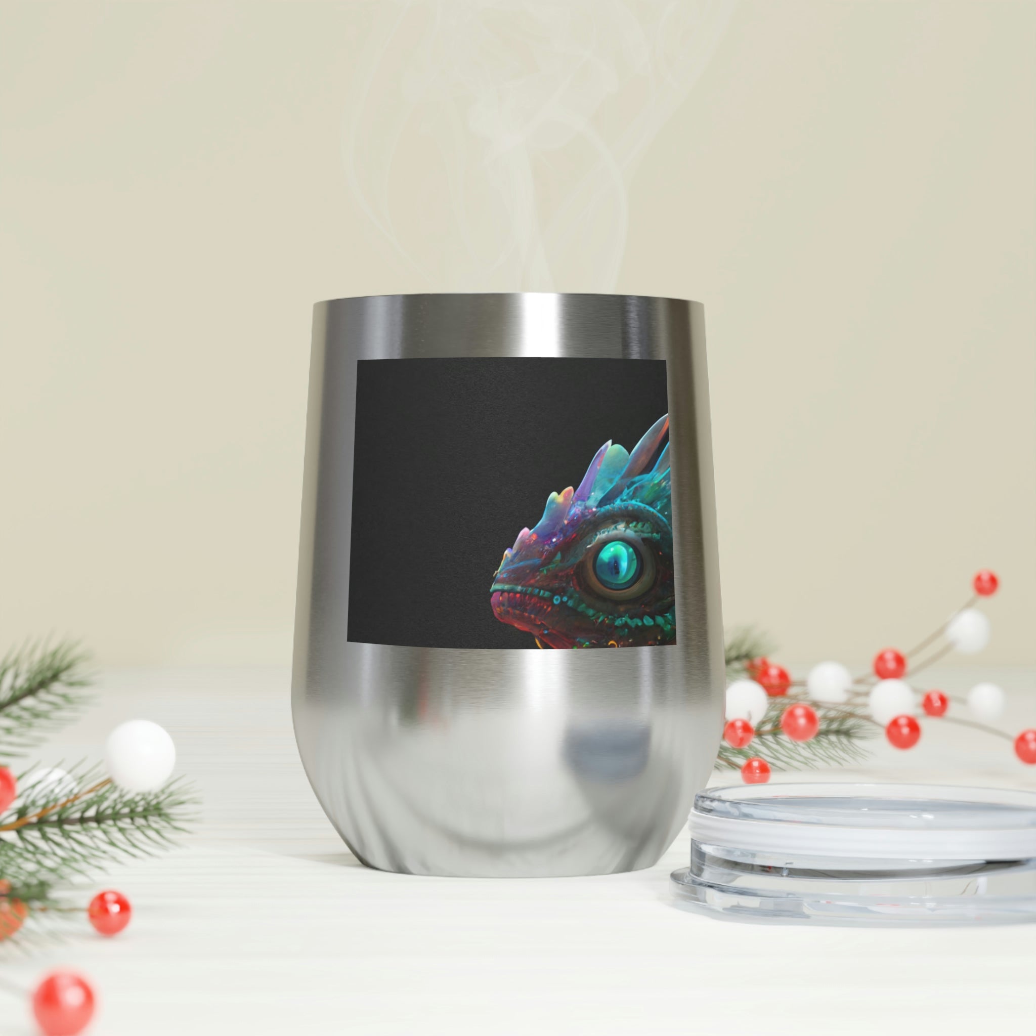 Feathered Dragon Wine Tumbler with a unique design, featuring a clear plastic lid and double-wall insulation for hot and cold beverages.