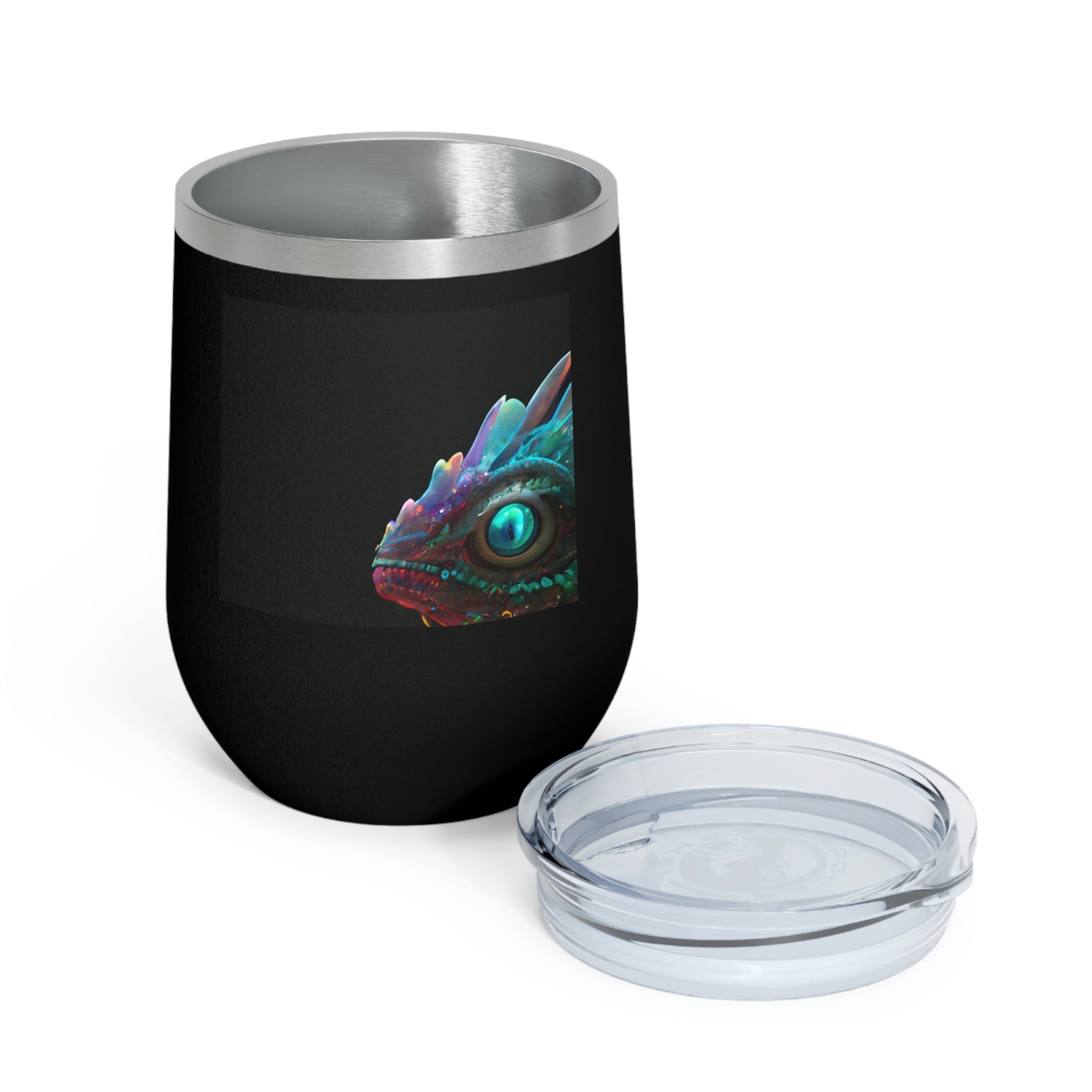 Feathered Dragon Wine Tumbler with a unique design, featuring a clear plastic lid and double-wall insulation for hot and cold beverages.