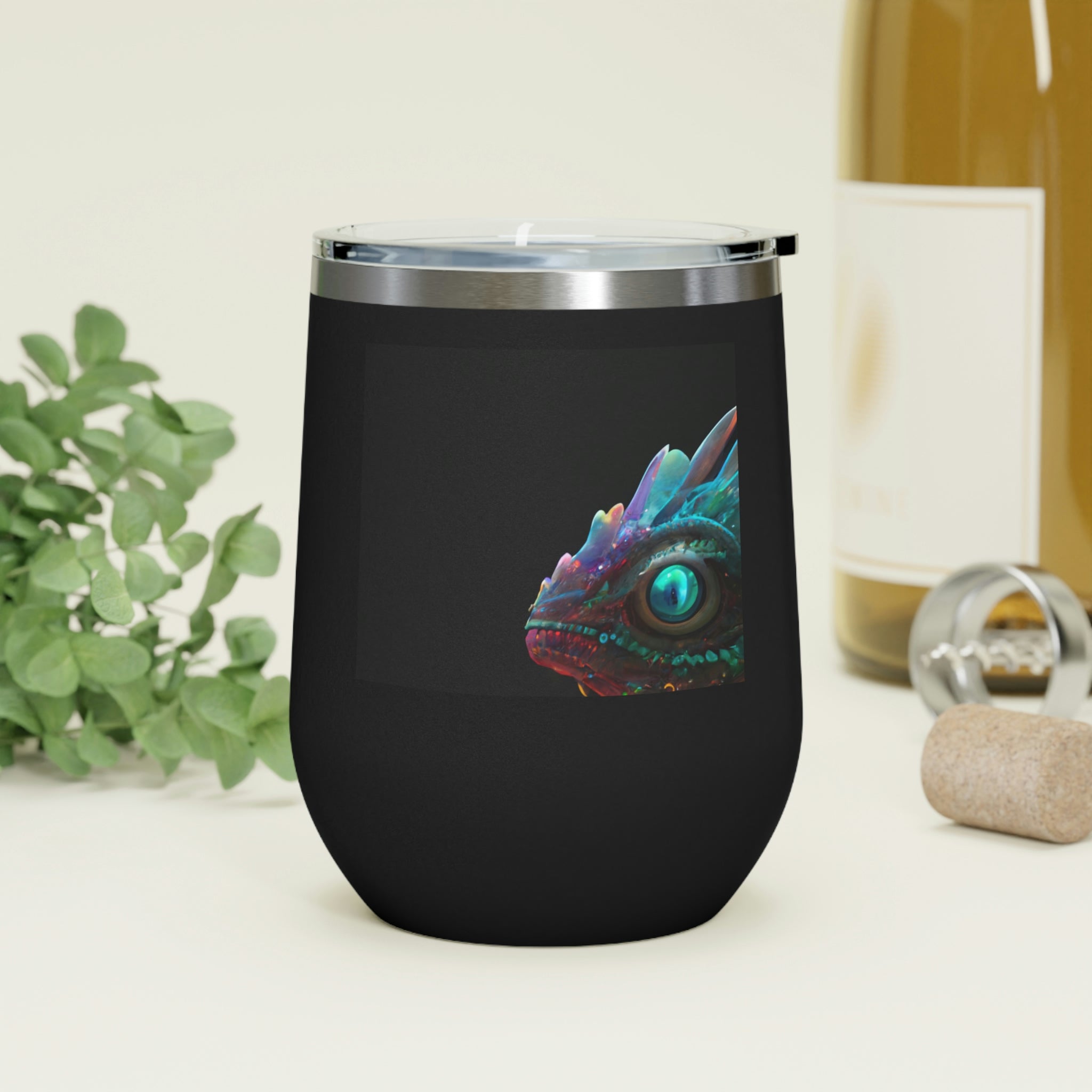 Feathered Dragon Wine Tumbler with a unique design, featuring a clear plastic lid and double-wall insulation for hot and cold beverages.