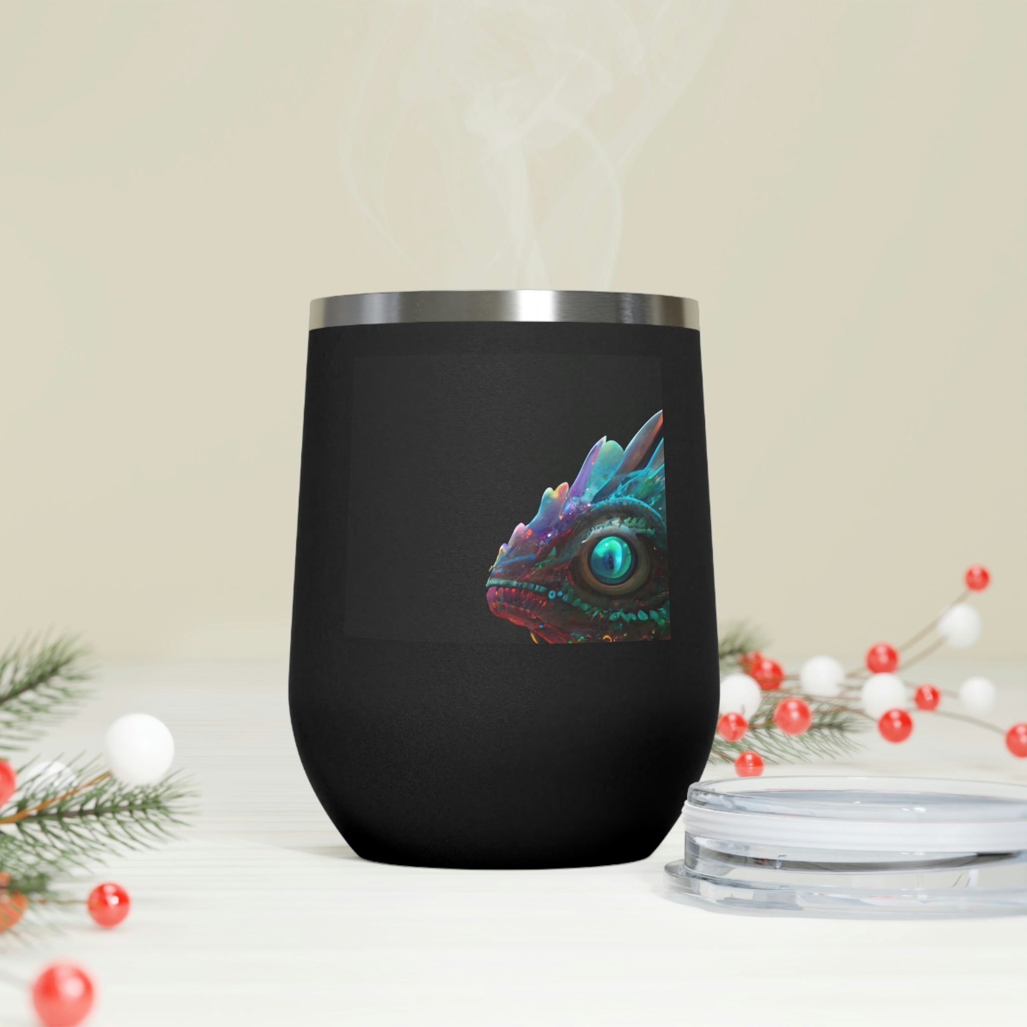 Feathered Dragon Wine Tumbler with a unique design, featuring a clear plastic lid and double-wall insulation for hot and cold beverages.