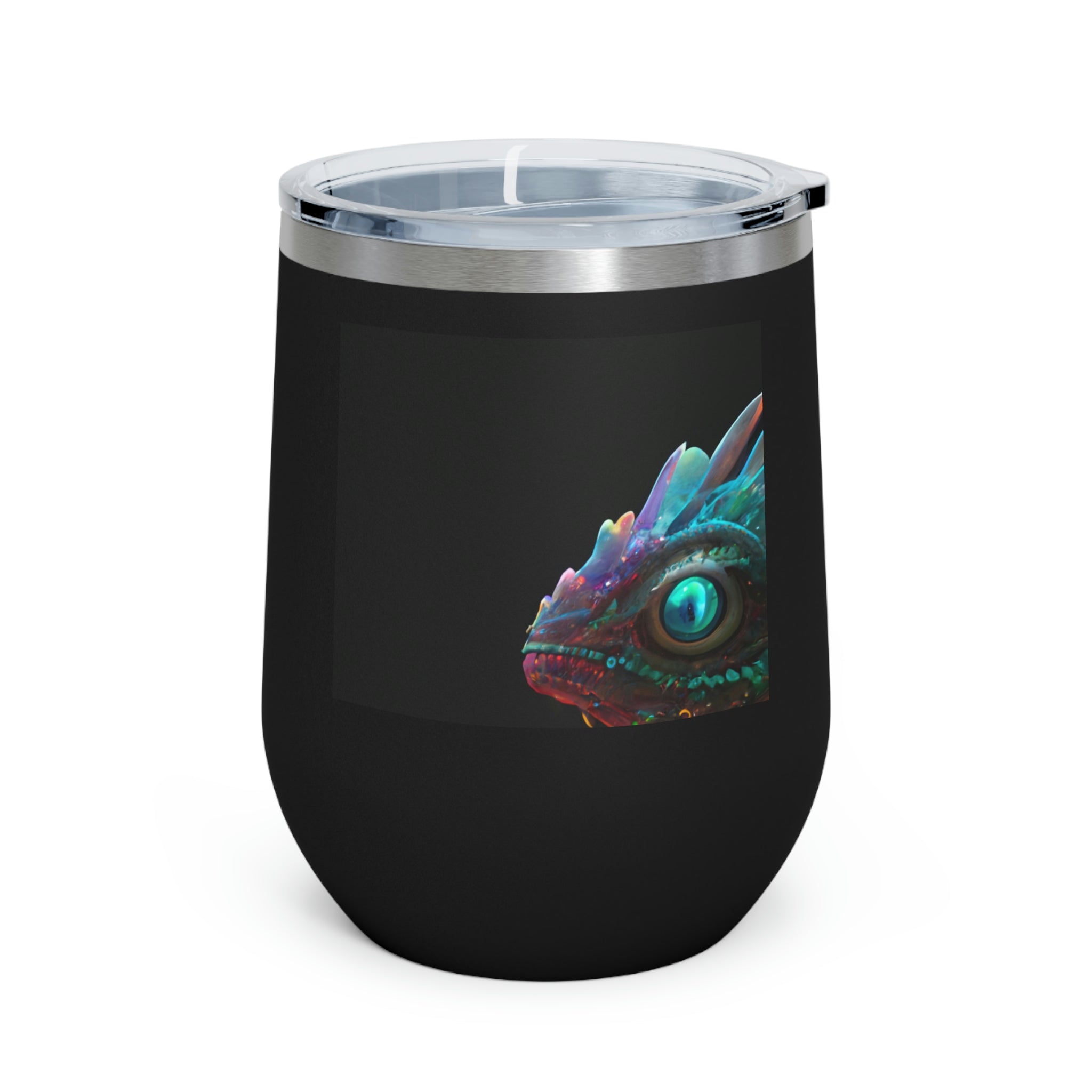 Feathered Dragon Wine Tumbler with a unique design, featuring a clear plastic lid and double-wall insulation for hot and cold beverages.