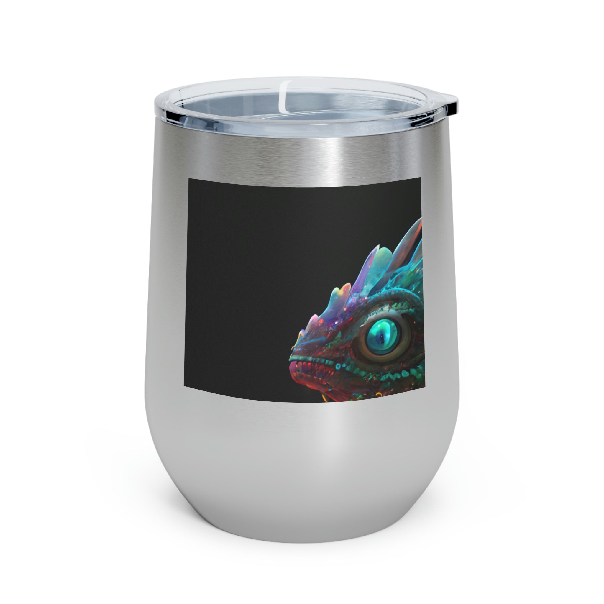 Feathered Dragon Wine Tumbler with a unique design, featuring a clear plastic lid and double-wall insulation for hot and cold beverages.