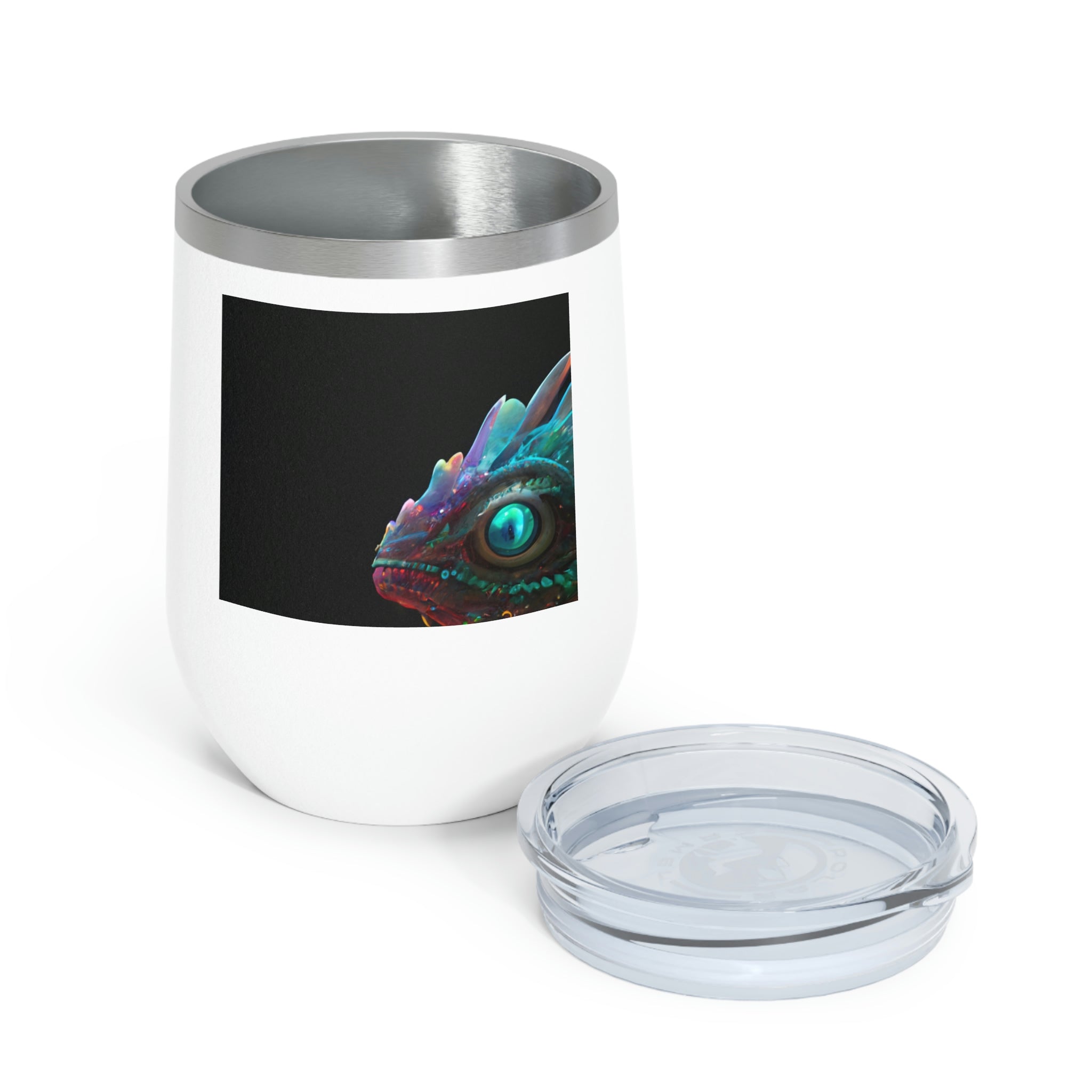 Feathered Dragon Wine Tumbler with a unique design, featuring a clear plastic lid and double-wall insulation for hot and cold beverages.