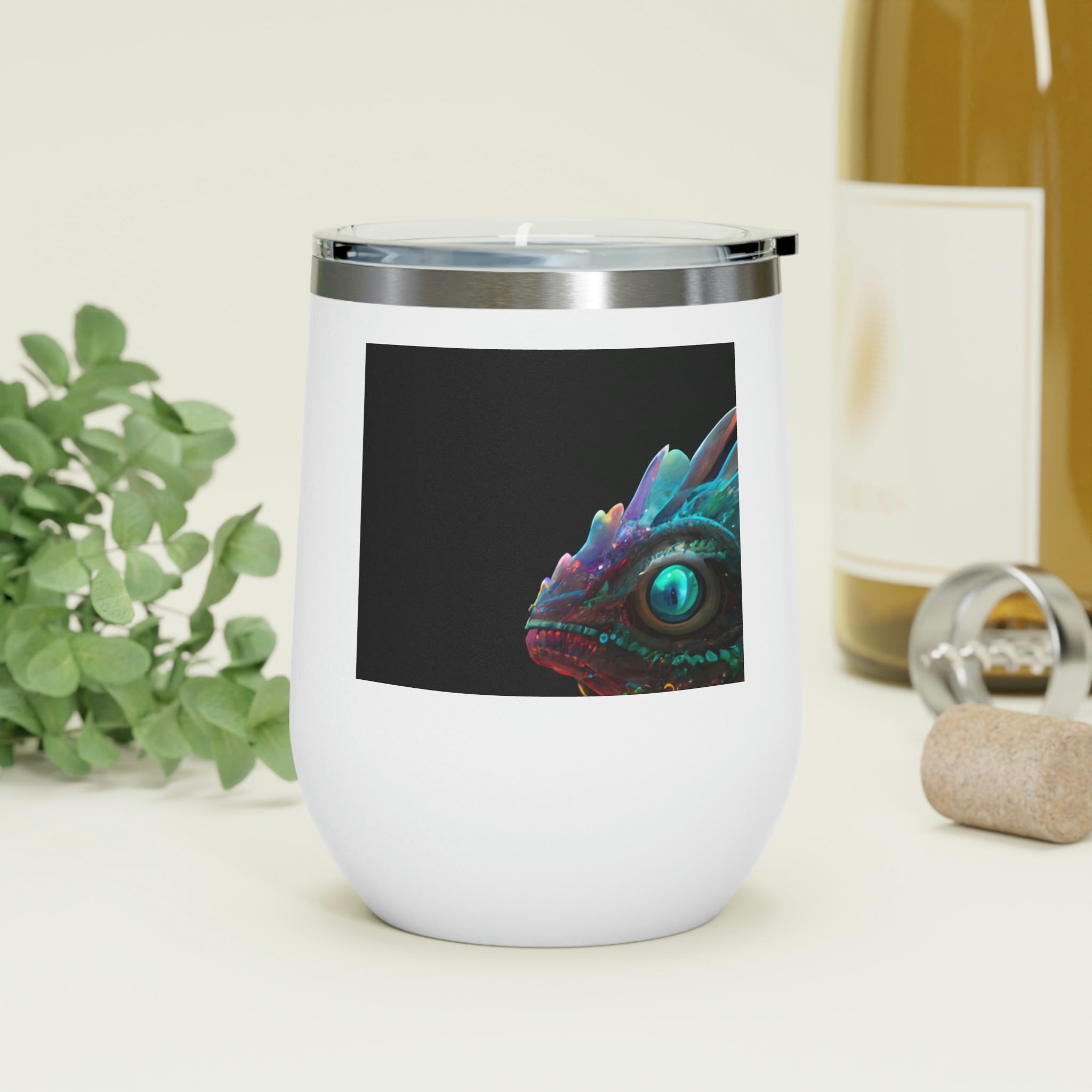 Feathered Dragon Wine Tumbler with a unique design, featuring a clear plastic lid and double-wall insulation for hot and cold beverages.