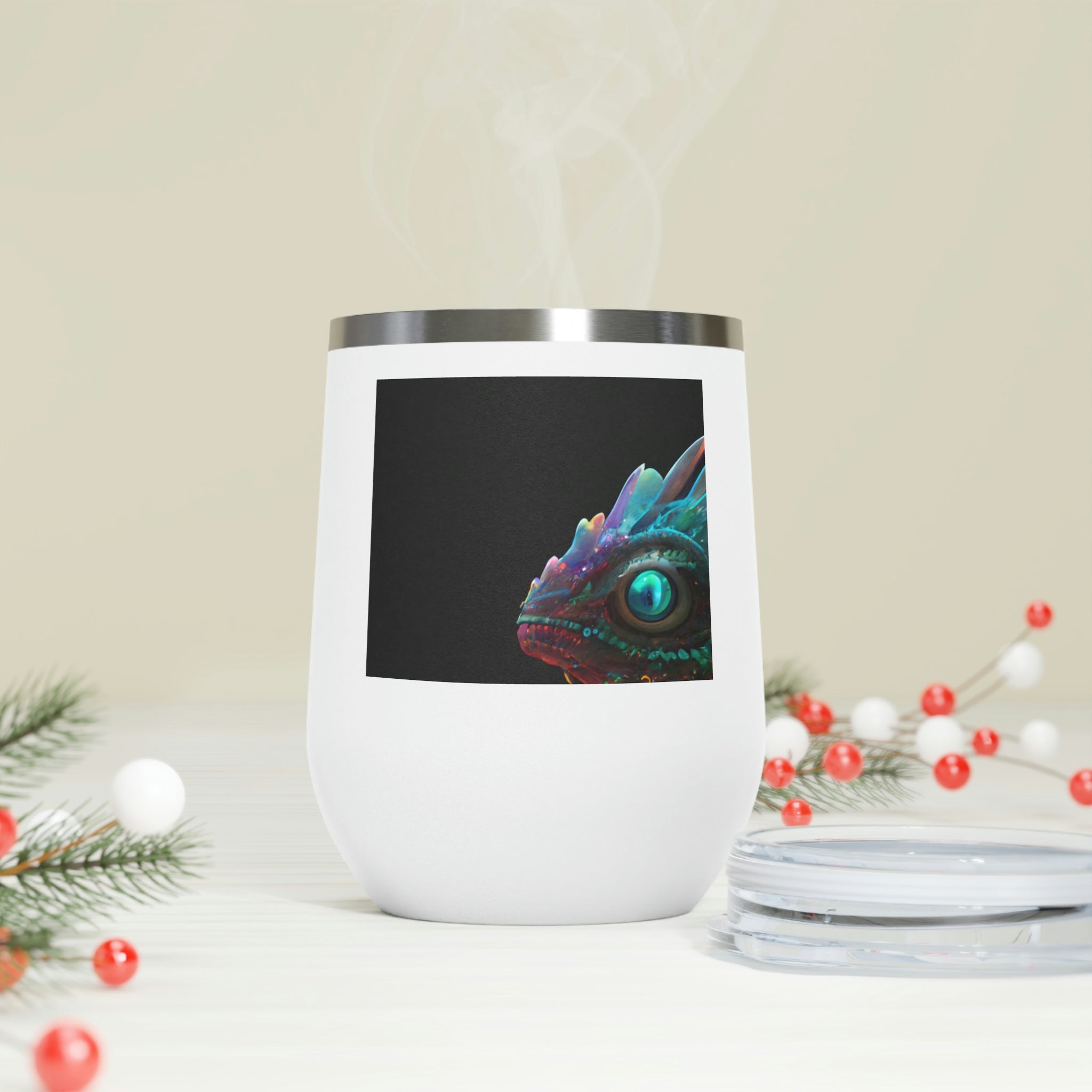 Feathered Dragon Wine Tumbler with a unique design, featuring a clear plastic lid and double-wall insulation for hot and cold beverages.