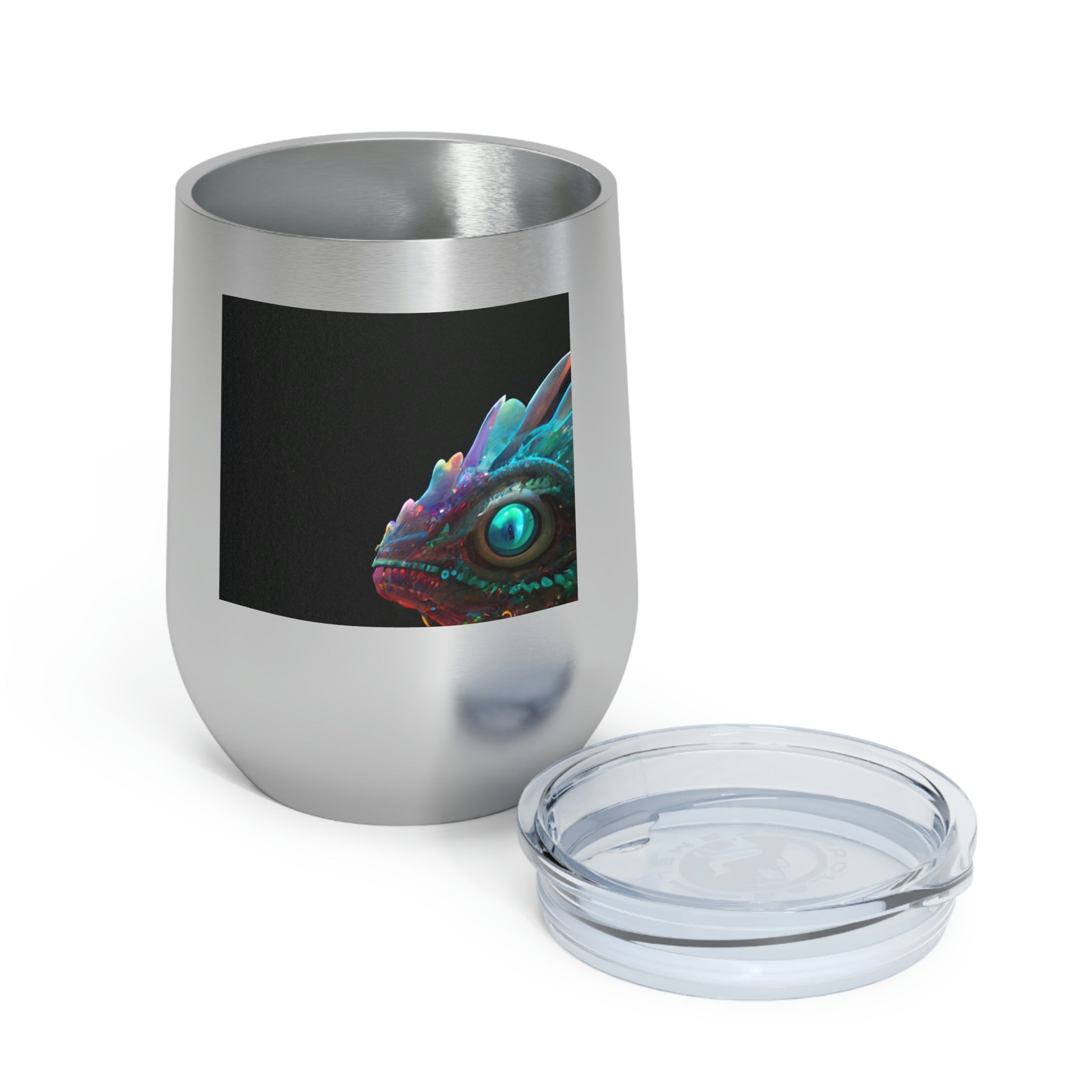 Feathered Dragon Wine Tumbler with a unique design, featuring a clear plastic lid and double-wall insulation for hot and cold beverages.
