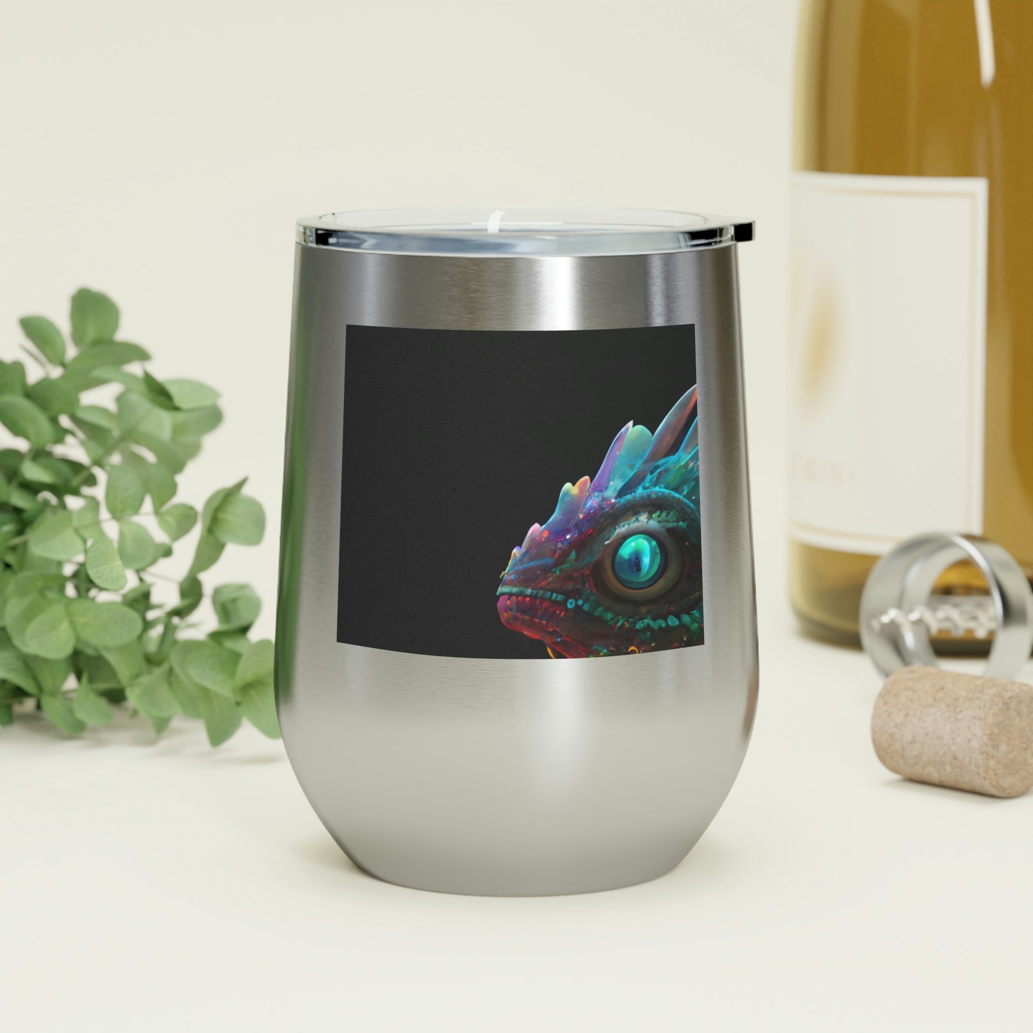 Feathered Dragon Wine Tumbler with a unique design, featuring a clear plastic lid and double-wall insulation for hot and cold beverages.