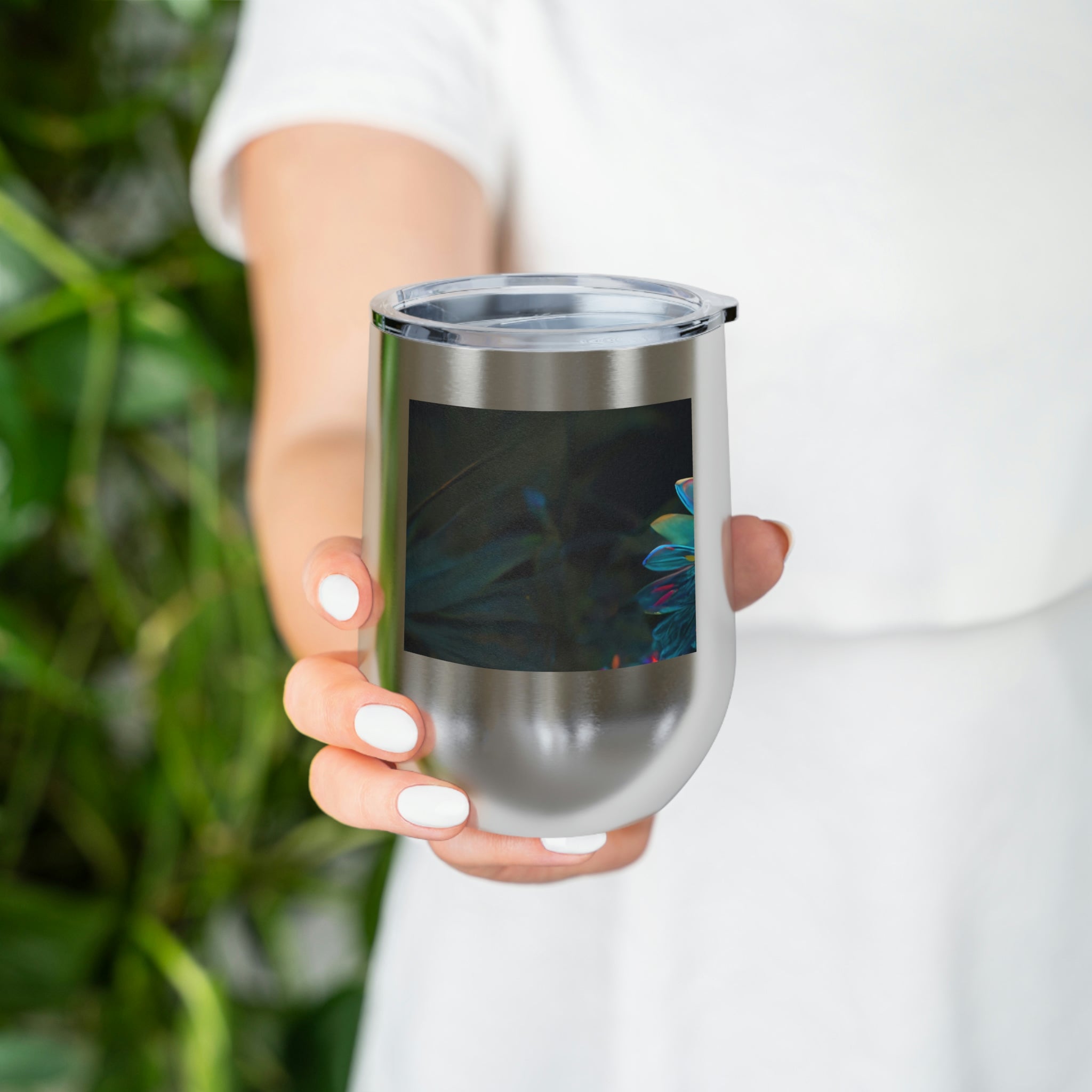 Feathered Dragon Wine Tumbler with a vibrant design, double-wall insulation, and clear plastic lid for easy sipping.