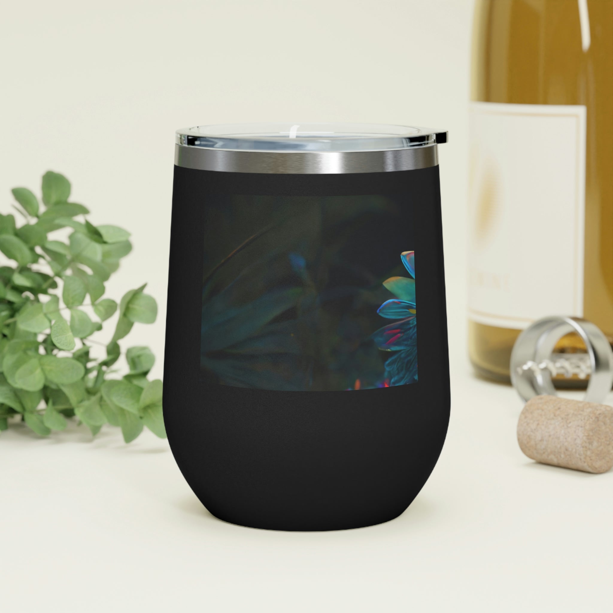 Feathered Dragon Wine Tumbler with a vibrant design, double-wall insulation, and clear plastic lid for easy sipping.