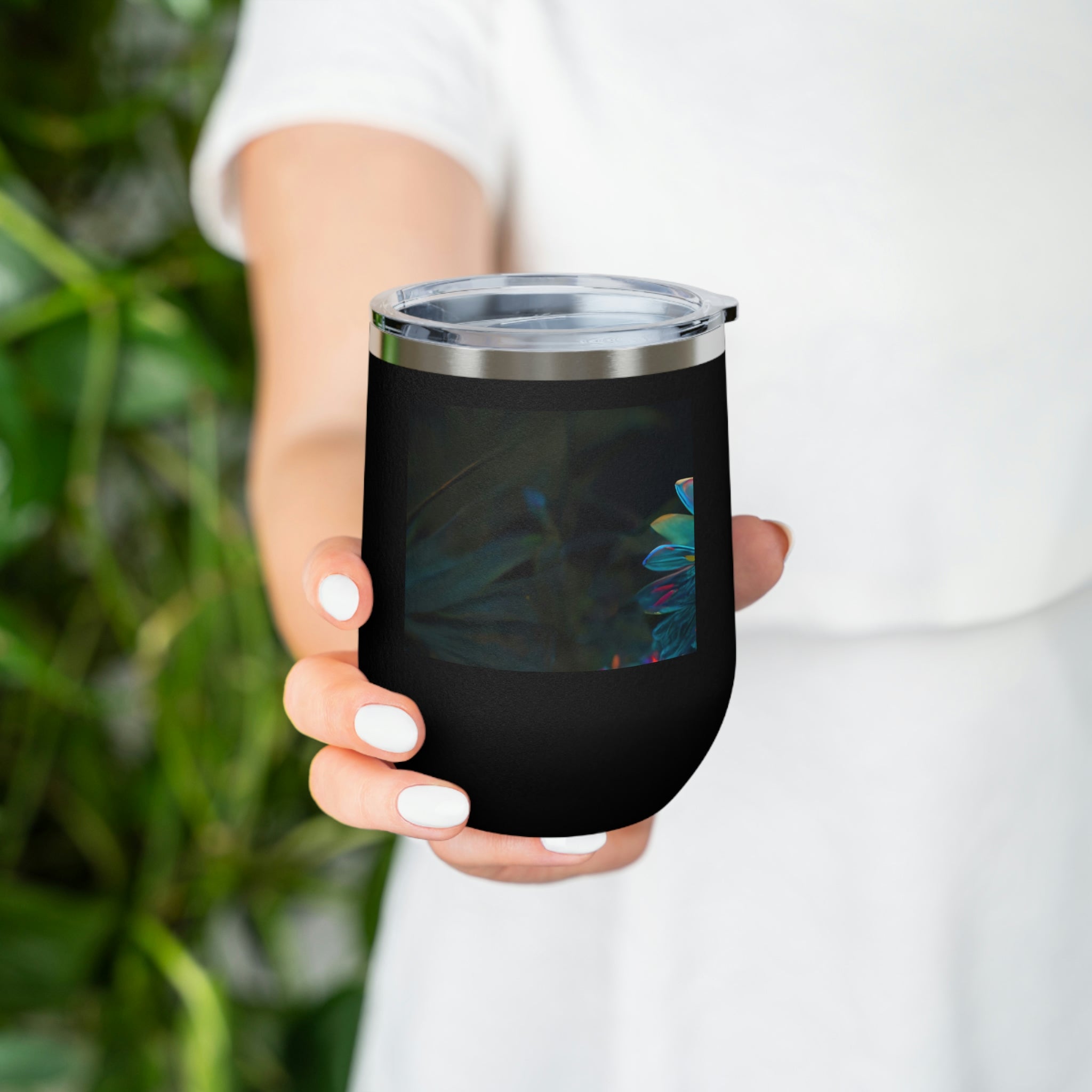 Feathered Dragon Wine Tumbler with a vibrant design, double-wall insulation, and clear plastic lid for easy sipping.