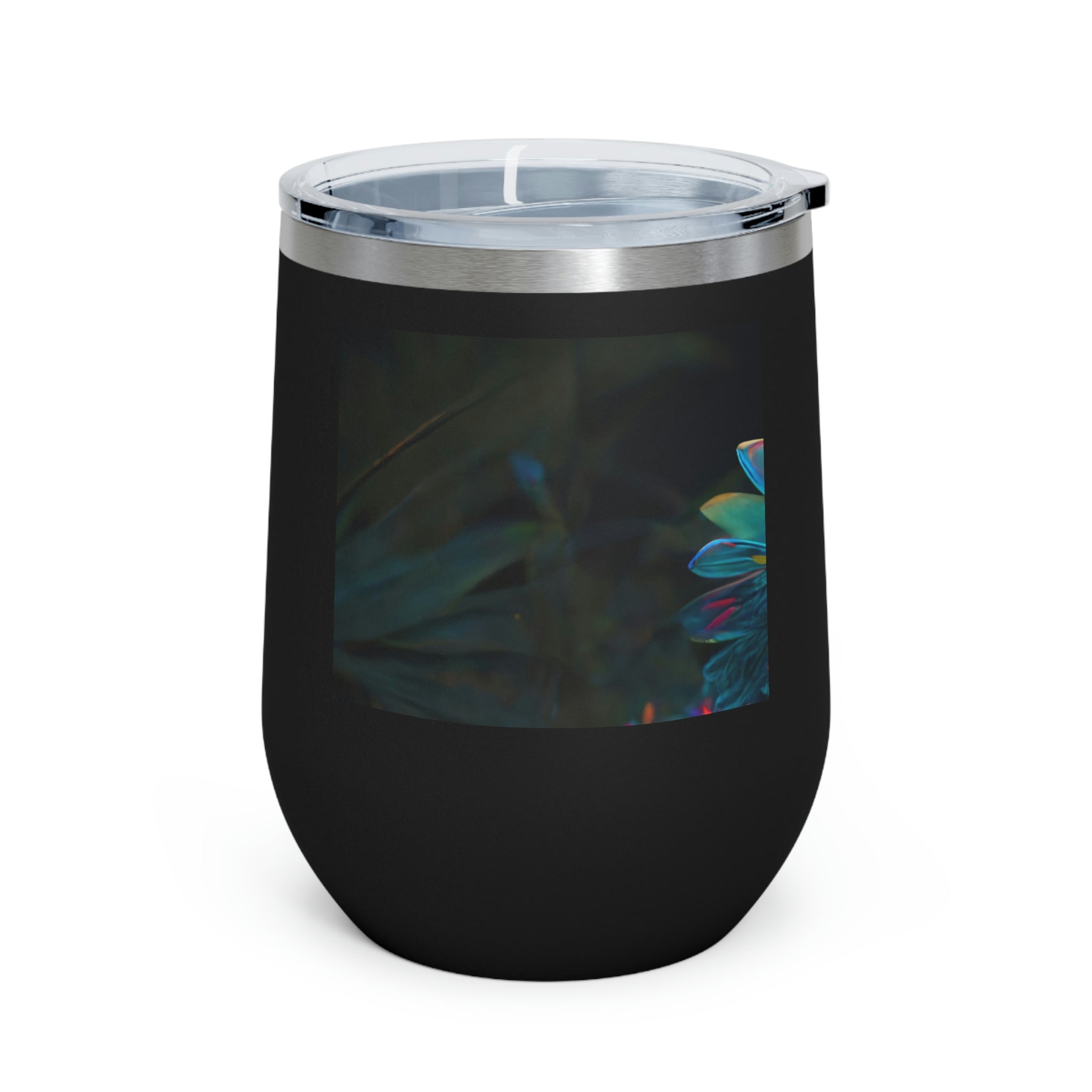 Feathered Dragon Wine Tumbler with a vibrant design, double-wall insulation, and clear plastic lid for easy sipping.