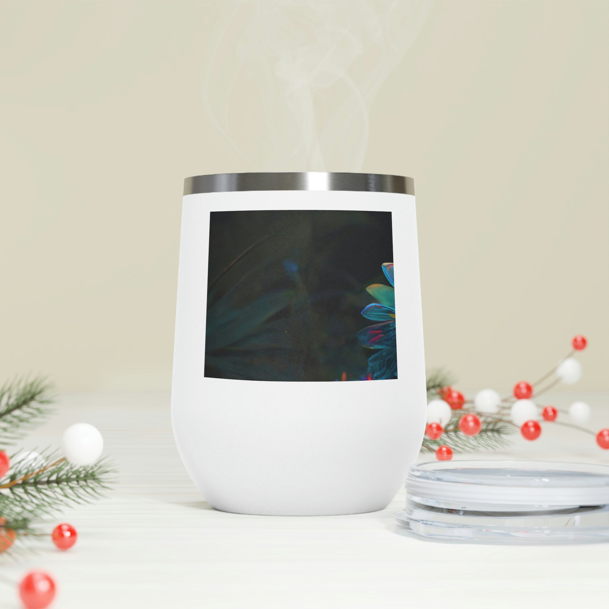 Feathered Dragon Wine Tumbler with a vibrant design, double-wall insulation, and clear plastic lid for easy sipping.