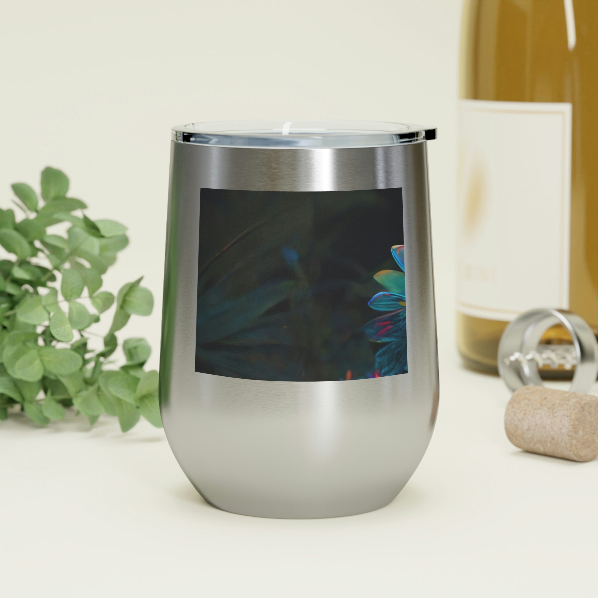 Feathered Dragon Wine Tumbler with a vibrant design, double-wall insulation, and clear plastic lid for easy sipping.