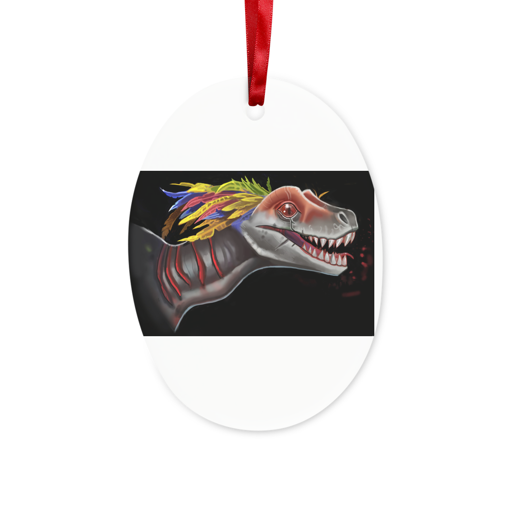 Feathered Raptor Ceramic Hanging Ornament with red ribbon and gold string, beautifully crafted for holiday decor.