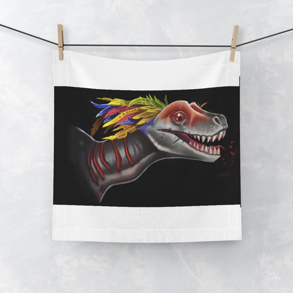 A colorful Feathered Raptor Face Towel featuring a vibrant design on a polyester front and soft cotton back, ideal for bathroom use.