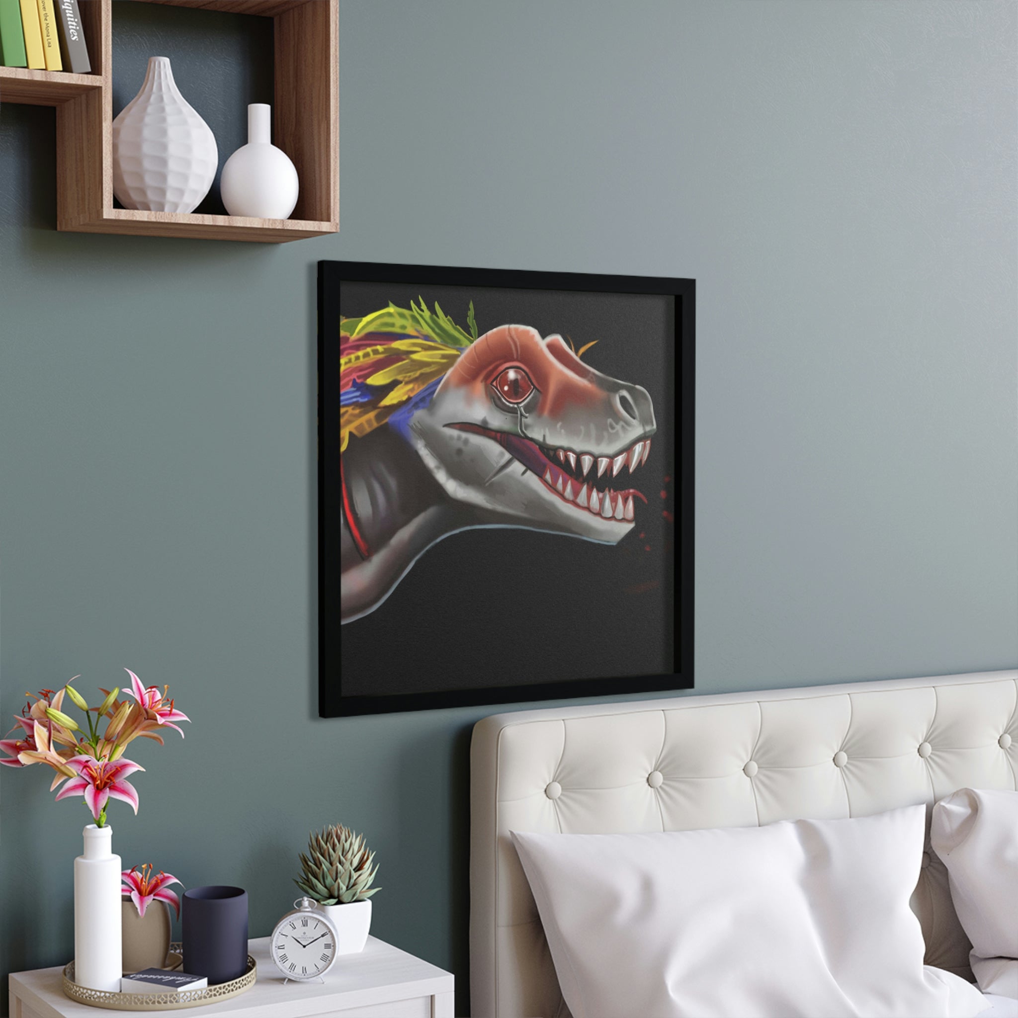 A beautifully framed poster featuring a feathered raptor design, showcasing vibrant colors and a hand-crafted wooden frame.