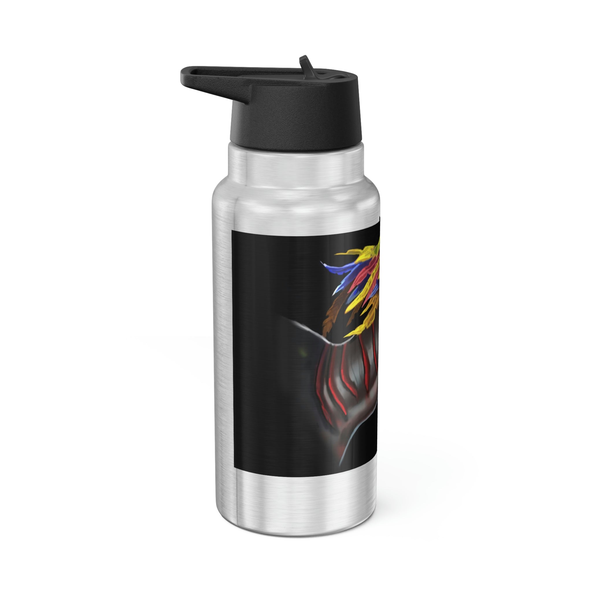 Feathered Raptor Gator Tumbler, 32oz, stainless steel with a black cap and plastic straw, showcasing vibrant custom designs.