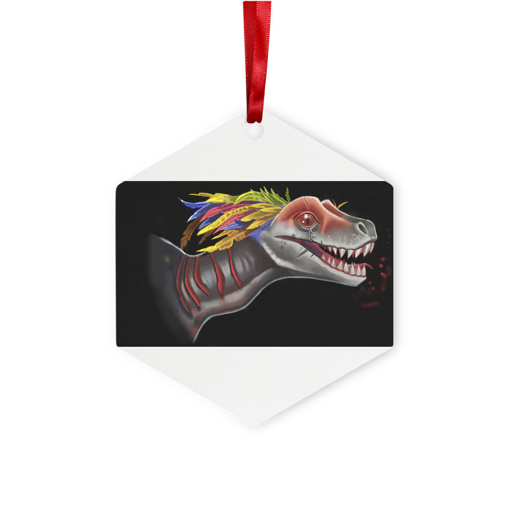 Feathered Raptor Metal Hanging Ornament in hexagon and star shapes, featuring a glossy white finish and red ribbon for hanging.