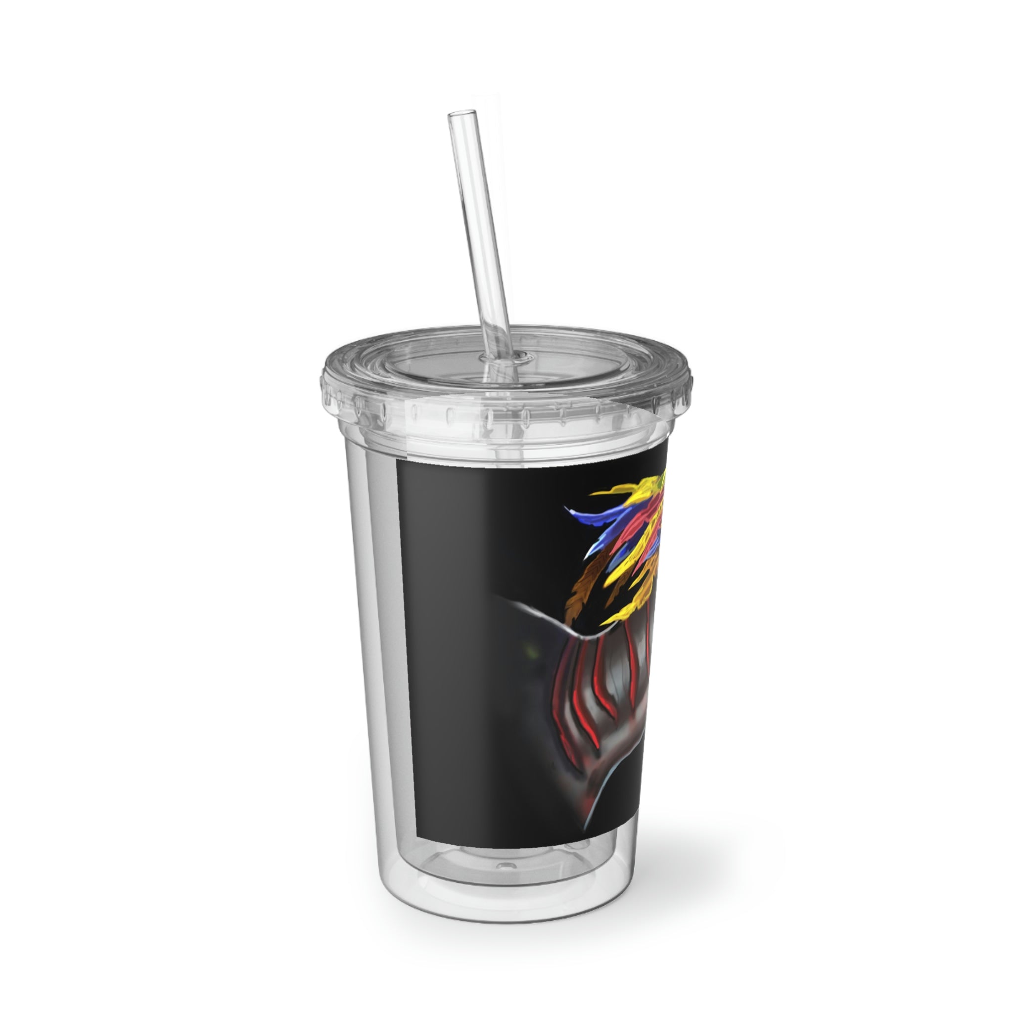 Feathered Raptor Suave Acrylic Cup with vibrant design, double-wall insulation, lid, and straw, perfect for hot and cold beverages.