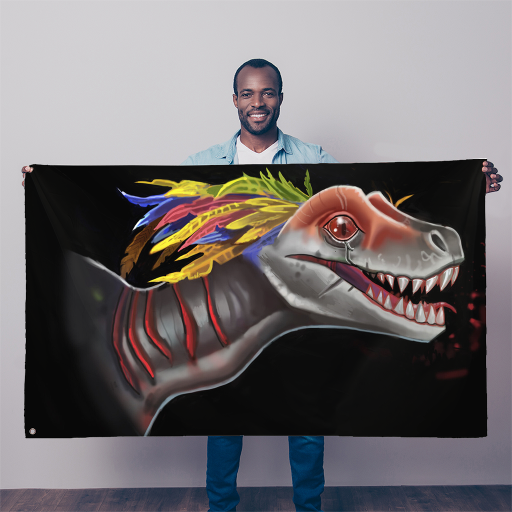 Feathered Raptor Sublimation Flag featuring vibrant colors and intricate design, made from durable polyester fabric with double-stitched edges.
