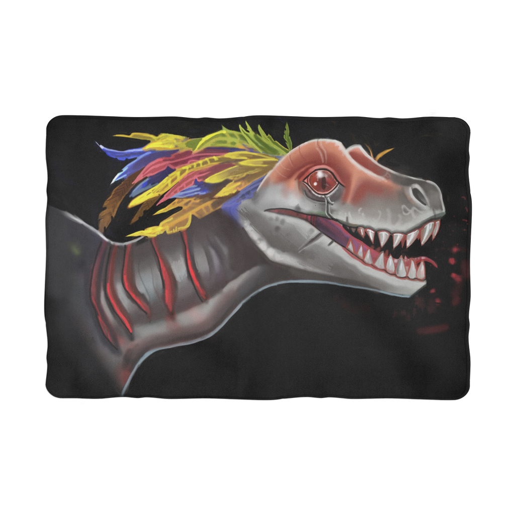 Feathered Raptor Sublimation Pet Blanket made of soft polyester fleece, featuring a vibrant feathered raptor design on one side and a white back.