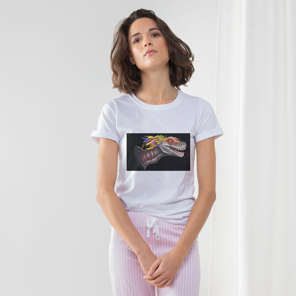 Feathered Raptor Women's Long Pant Pyjama Set featuring a white t-shirt with turn-up cuffs and striped pants in heather grey or light pink.