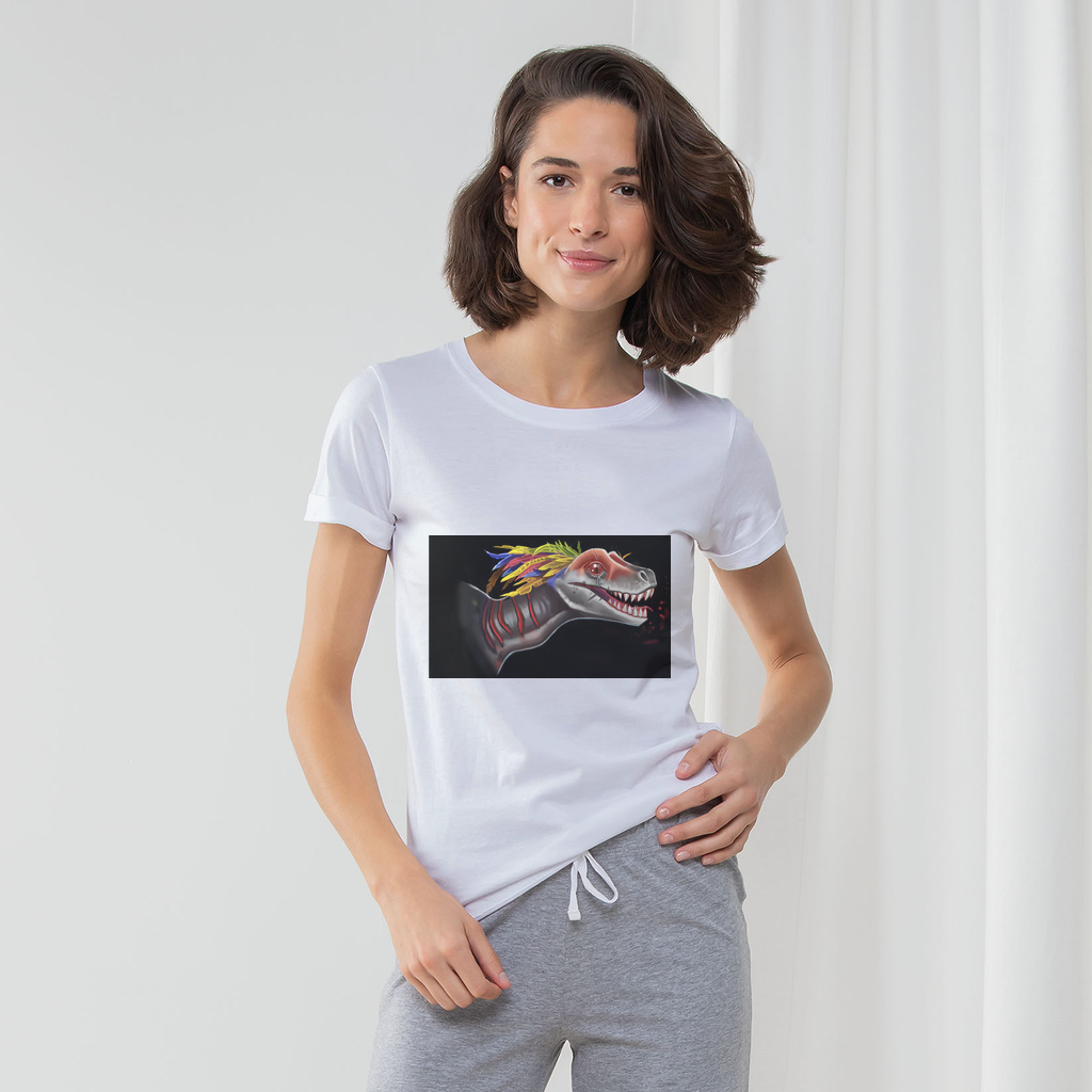 Feathered Raptor Women's Long Pant Pyjama Set featuring a white t-shirt with turn-up cuffs and striped pants in heather grey or light pink.
