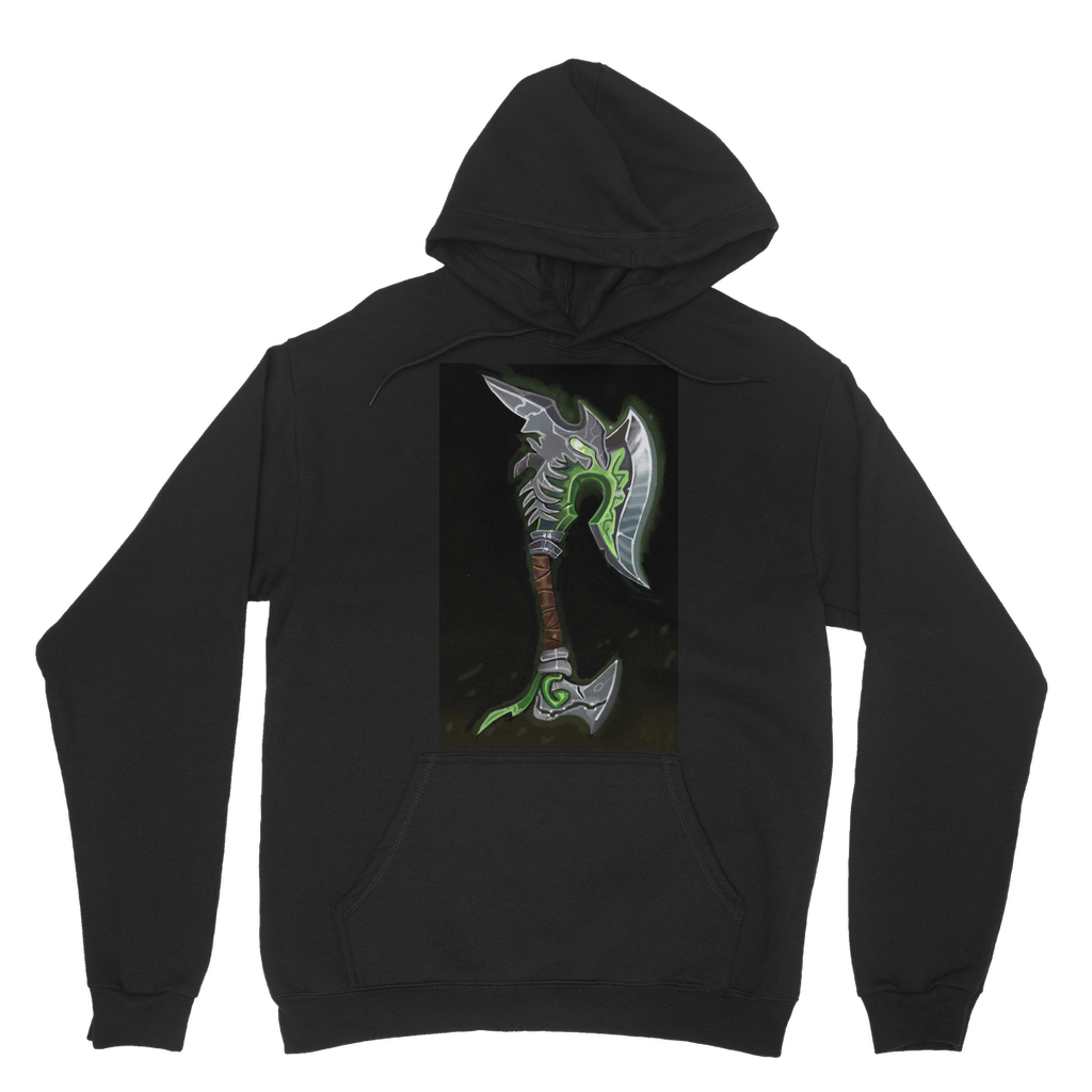 Fel Axe Classic Adult Hoodie in various colors, showcasing its soft fabric, double hood, and kangaroo pouch pocket.