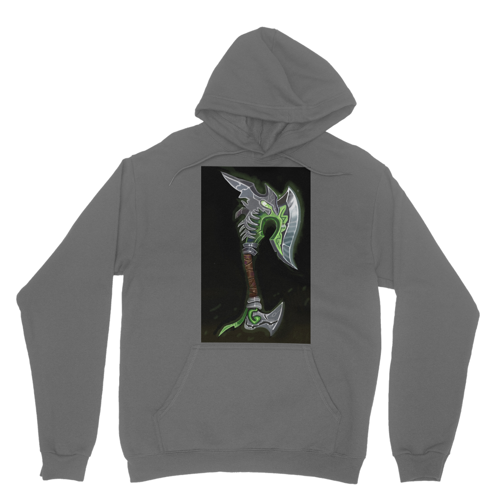 Fel Axe Classic Adult Hoodie in various colors, showcasing its soft fabric, double hood, and kangaroo pouch pocket.