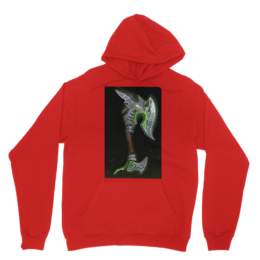 Fel Axe Classic Adult Hoodie in various colors, showcasing its soft fabric, double hood, and kangaroo pouch pocket.