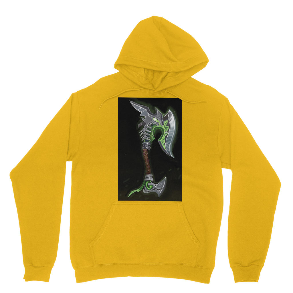 Fel Axe Classic Adult Hoodie in various colors, showcasing its soft fabric, double hood, and kangaroo pouch pocket.