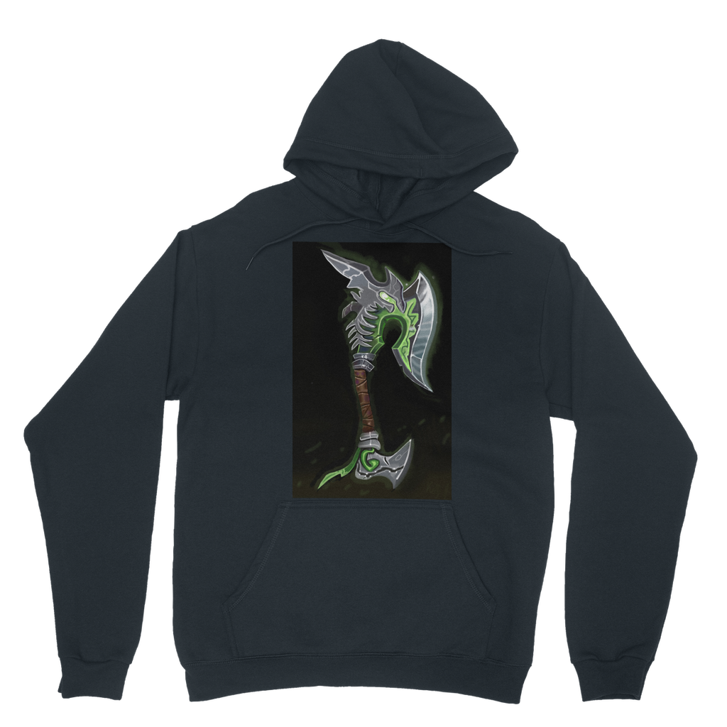 Fel Axe Classic Adult Hoodie in various colors, showcasing its soft fabric, double hood, and kangaroo pouch pocket.