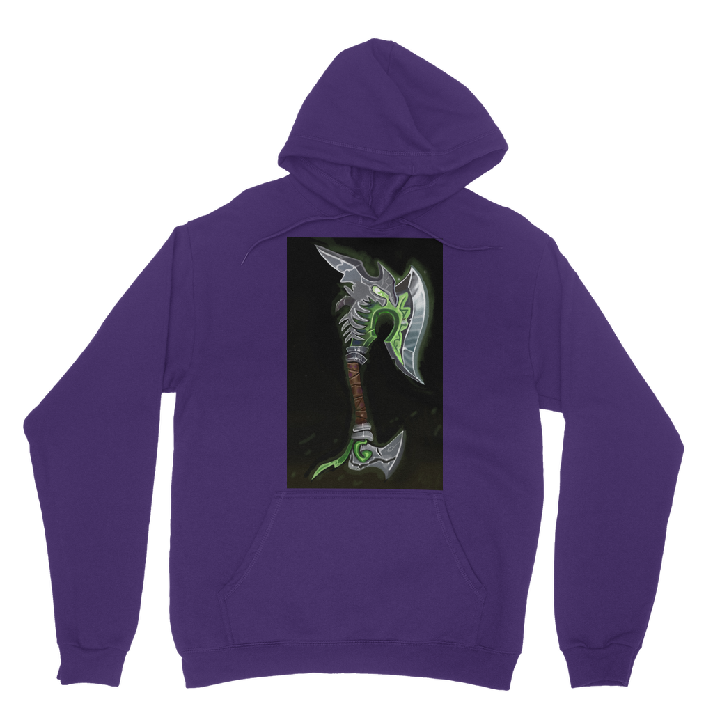 Fel Axe Classic Adult Hoodie in various colors, showcasing its soft fabric, double hood, and kangaroo pouch pocket.