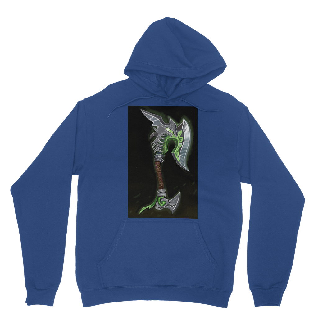 Fel Axe Classic Adult Hoodie in various colors, showcasing its soft fabric, double hood, and kangaroo pouch pocket.