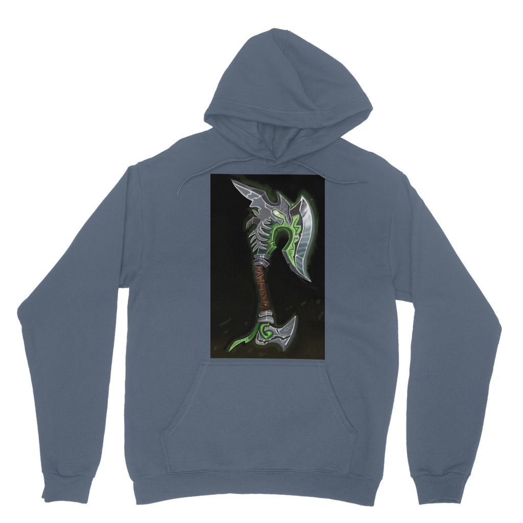 Fel Axe Classic Adult Hoodie in various colors, showcasing its soft fabric, double hood, and kangaroo pouch pocket.