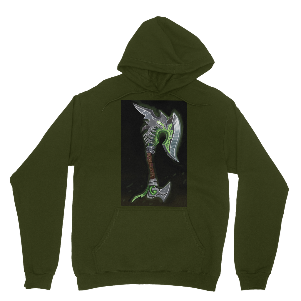Fel Axe Classic Adult Hoodie in various colors, showcasing its soft fabric, double hood, and kangaroo pouch pocket.