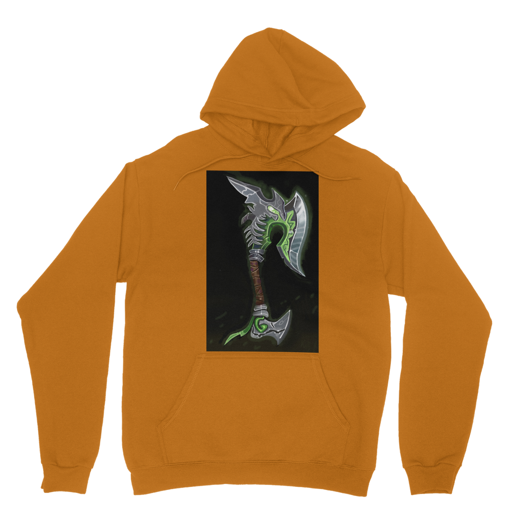 Fel Axe Classic Adult Hoodie in various colors, showcasing its soft fabric, double hood, and kangaroo pouch pocket.