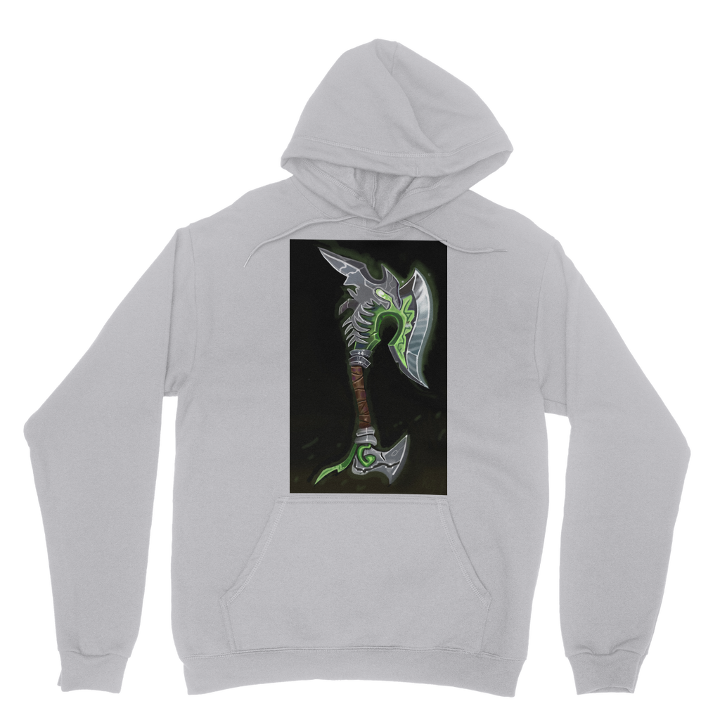 Fel Axe Classic Adult Hoodie in various colors, showcasing its soft fabric, double hood, and kangaroo pouch pocket.