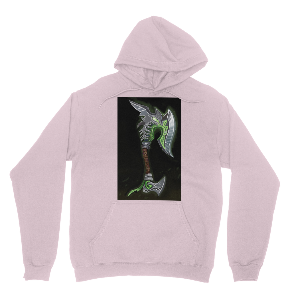 Fel Axe Classic Adult Hoodie in various colors, showcasing its soft fabric, double hood, and kangaroo pouch pocket.