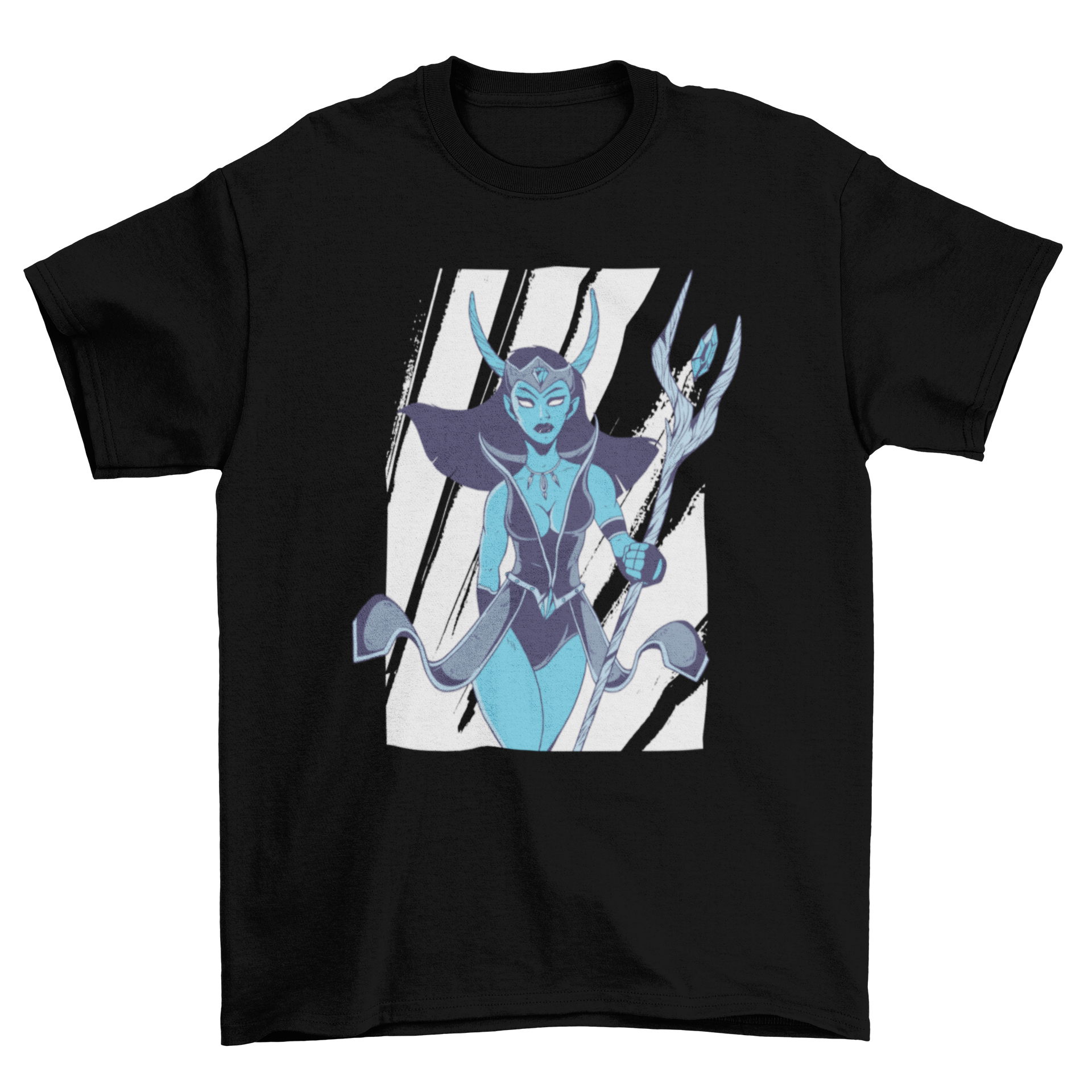 A stylish blue female monster character printed on a t-shirt, showcasing vibrant colors and intricate details.