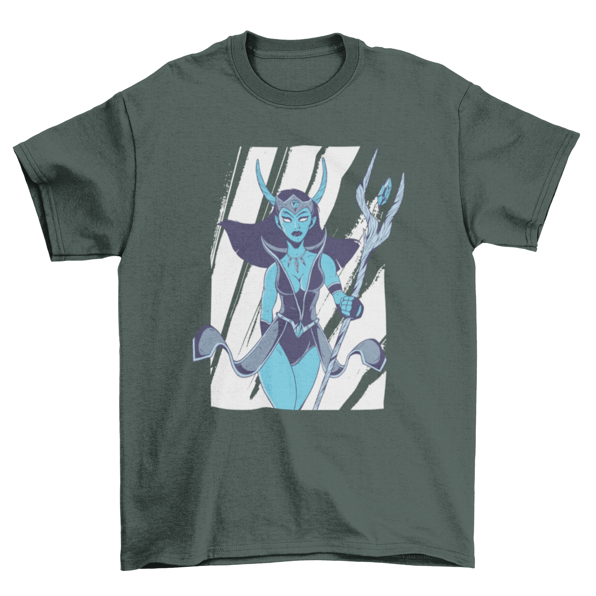 A stylish blue female monster character printed on a t-shirt, showcasing vibrant colors and intricate details.