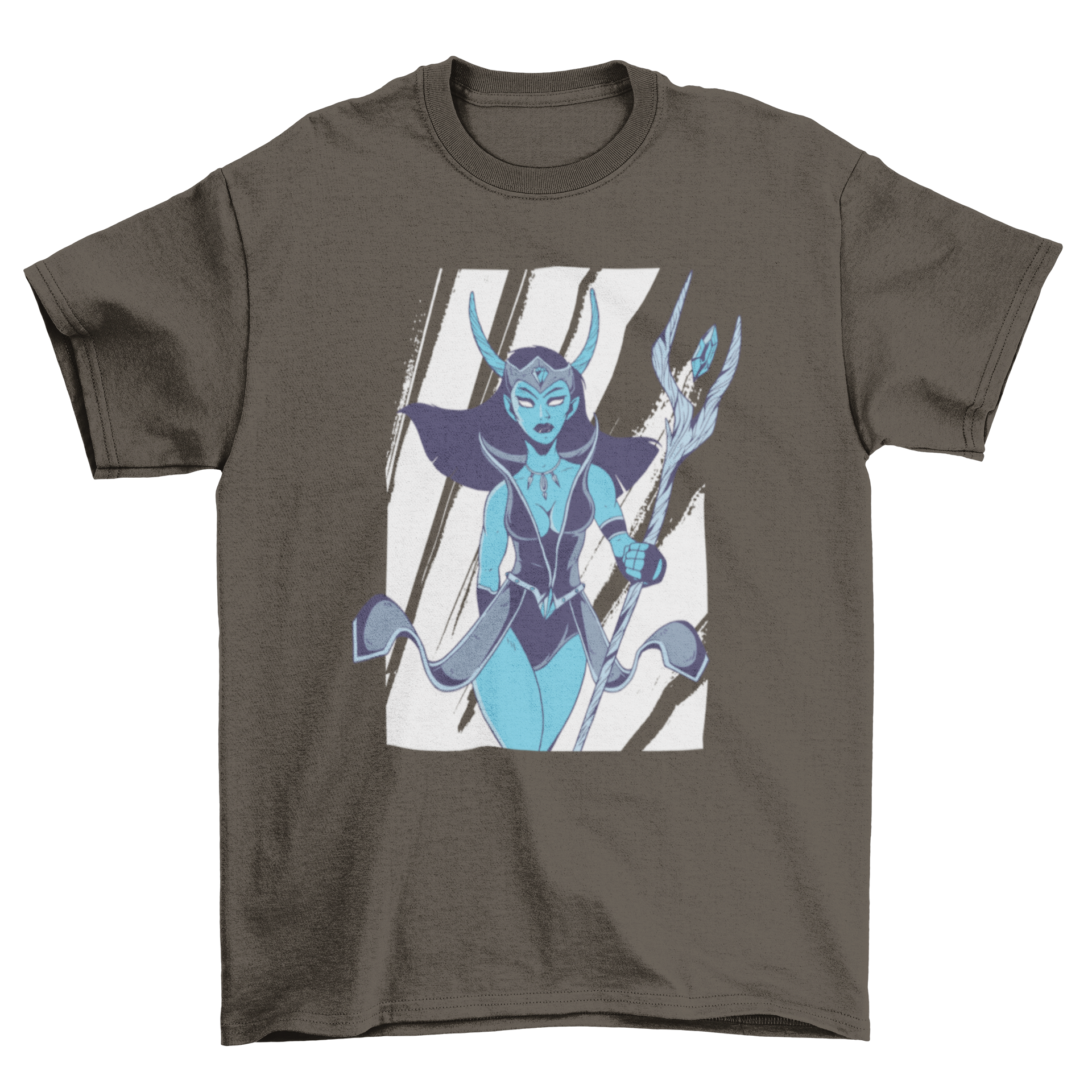 A stylish blue female monster character printed on a t-shirt, showcasing vibrant colors and intricate details.