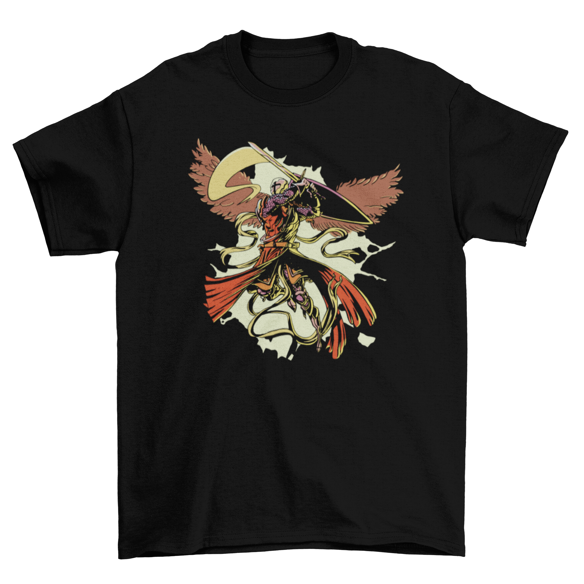 Fighting Saint Michael t-shirt featuring Saint Michael with a shield, sword, and wings in a dynamic pose.