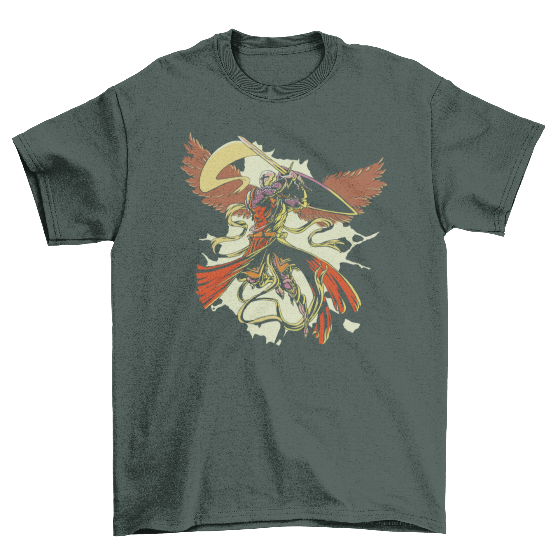 Fighting Saint Michael t-shirt featuring Saint Michael with a shield, sword, and wings in a dynamic pose.