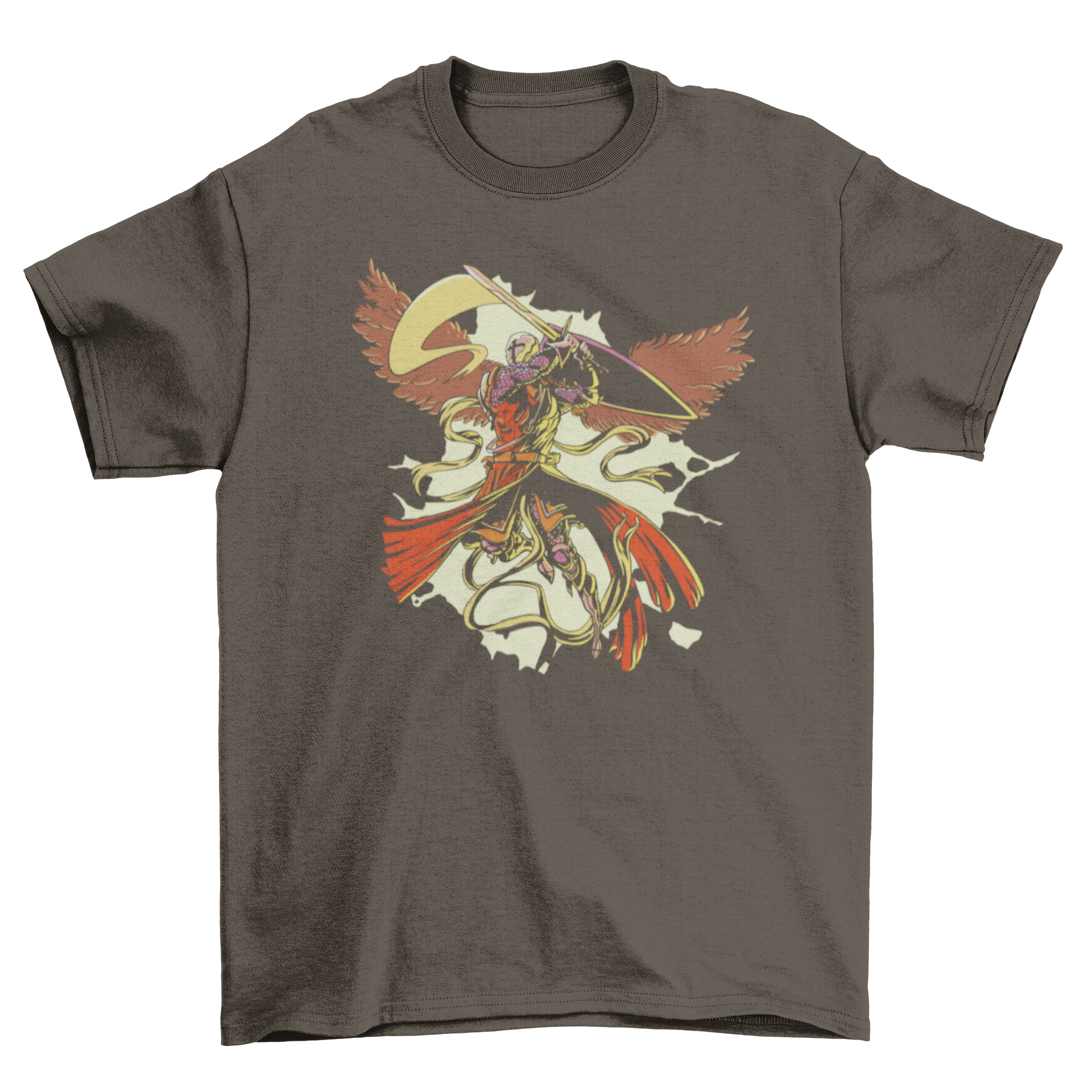 Fighting Saint Michael t-shirt featuring Saint Michael with a shield, sword, and wings in a dynamic pose.