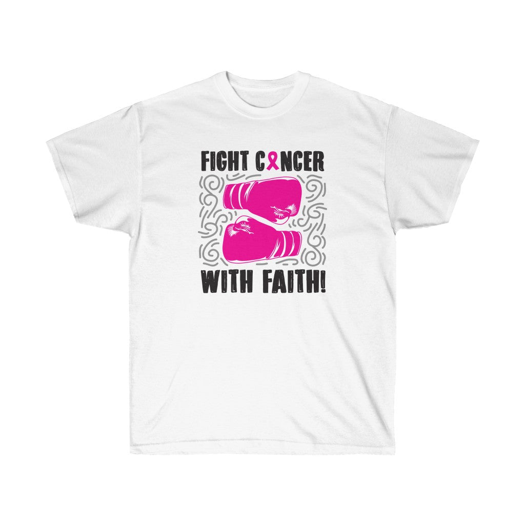Fight Cancer with Faith Pink Breast Cancer Awareness T-Shirt made from soft cotton, featuring a unisex retail fit and vibrant pink color.