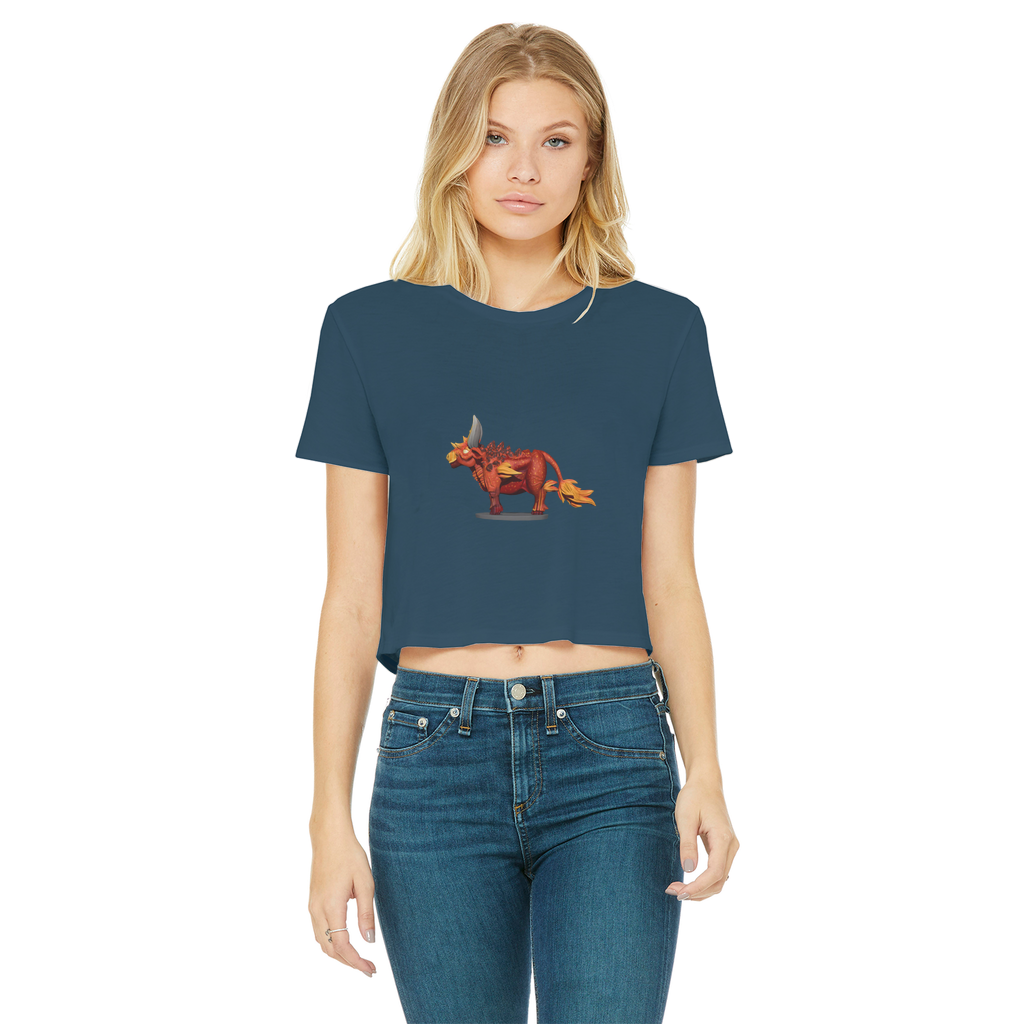 Fire Bull Classic Women's Cropped Raw Edge T-Shirt featuring a round neck, short sleeves, and a raw edge hem in a stylish design.